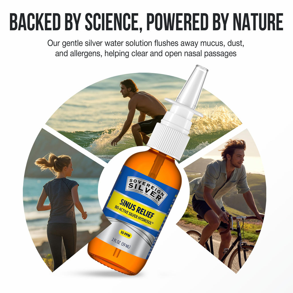 Sovereign Silver Sinus Relief Nasal Spray, 2 fl oz (59 mL) | Bio-Active Silver Hydrosol, Sinus Spray to Cleanse Mucus & Allergens, Drug-Free Nasal Cleanser, Non-Habit Forming, 10 ppm