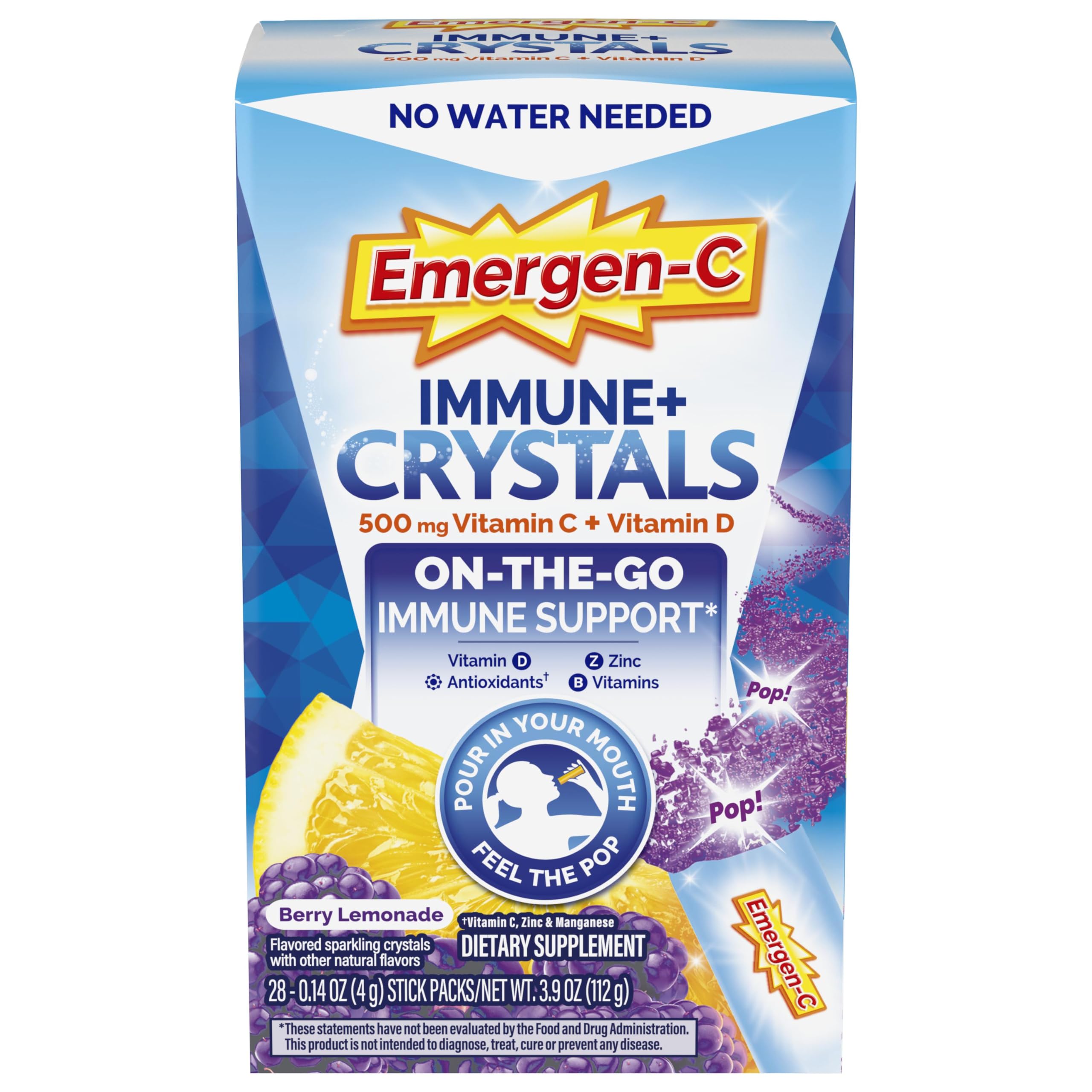 Emergen-C Immune Plus Crystals, On-the-Go Immune Support Supplement with Vitamin C, Vitamin D, B Vitamins, Zinc and Manganese, Berry Lemonade, Back to School Essentials - 28 Stick Packs