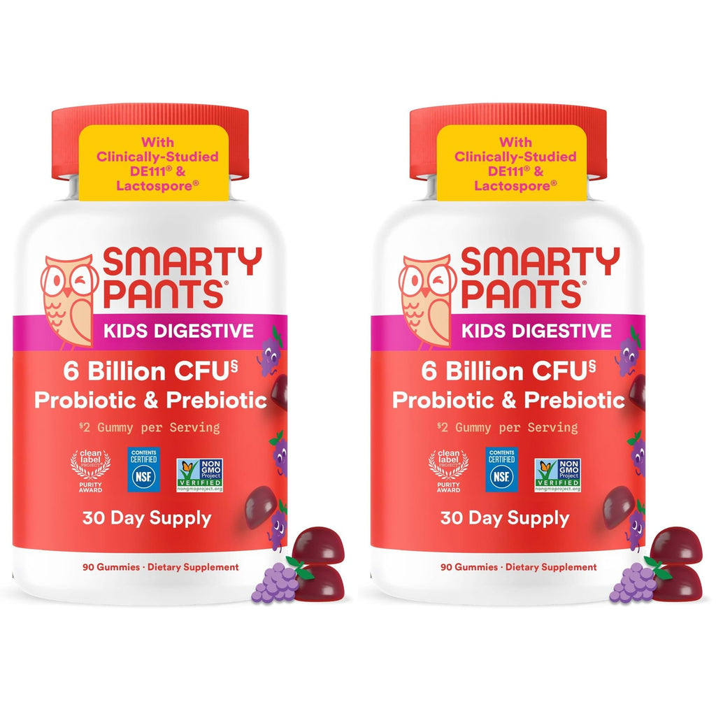 SmartyPants Kids Probiotic Gummies for Digestive Health: 2 Billion CFU Gut Health and Immune Support Supplement, Clinically Studied Probiotic, Gluten Free, Grape, 30 Count (30 Day Supply)