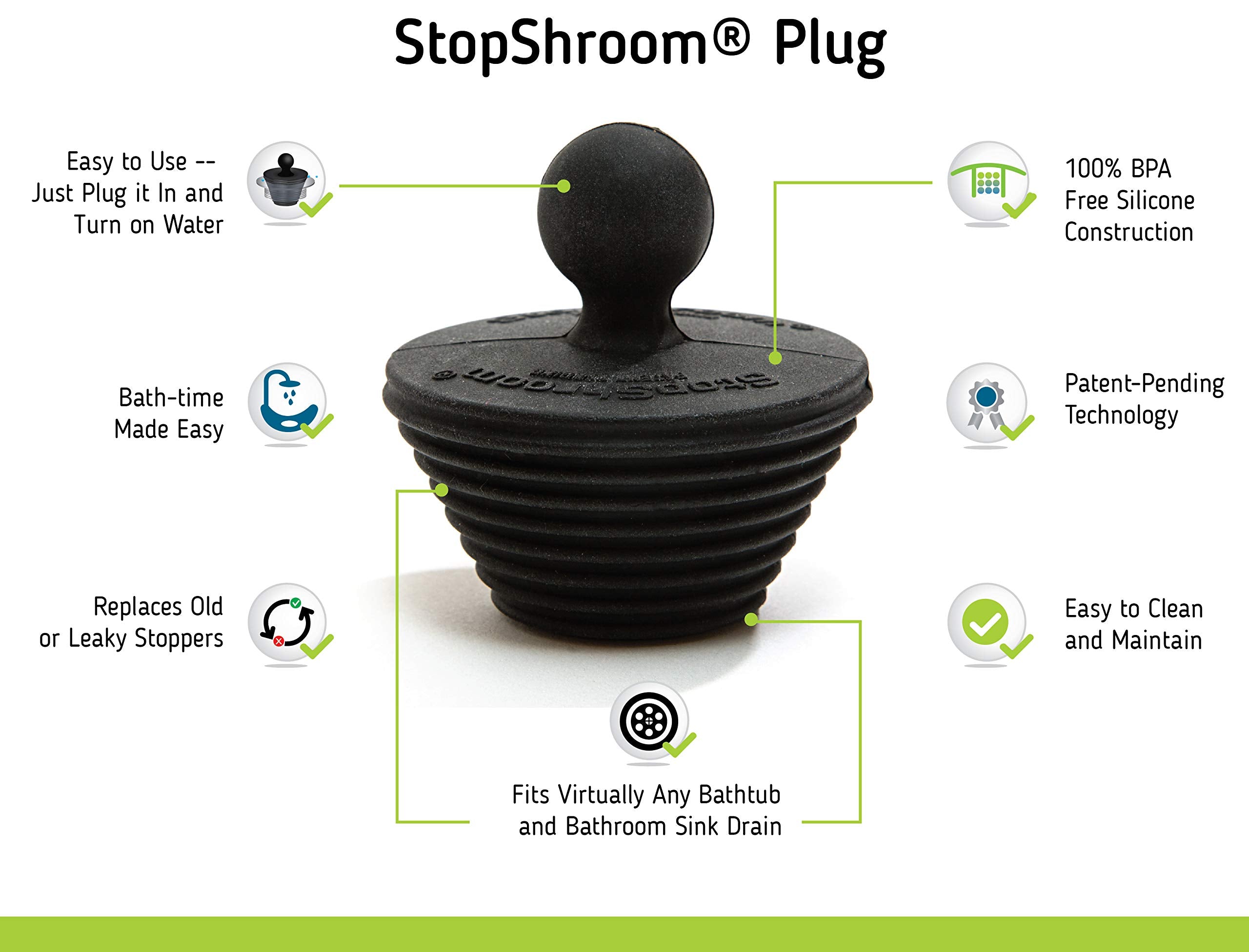 Buy now StopShroom Tub 2 Pack Universal Stopper for Bathtub and Bathroom Sink Drains, Black Plug 2pk, 2 Count at indiglob india