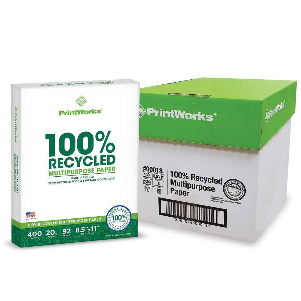 PrintWorks 100% Recycled Printer Paper 8.5" x 11" White - 20 lb Copy & Multipurpose Computer Paper - 6 Packs, 2400 Sheets - Made in the USA - 92 Bright - Printer & Copier Compatible (00018C)