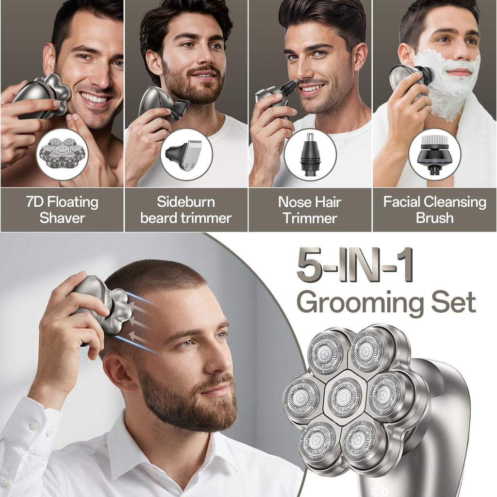 Head Shavers for Bald Men – Electric Razor for Men, 7D Magnetic Electric Shavers for Men, IPX7 Waterproof 5-in-1 Shavers for Men Grooming Kit (Gray)
