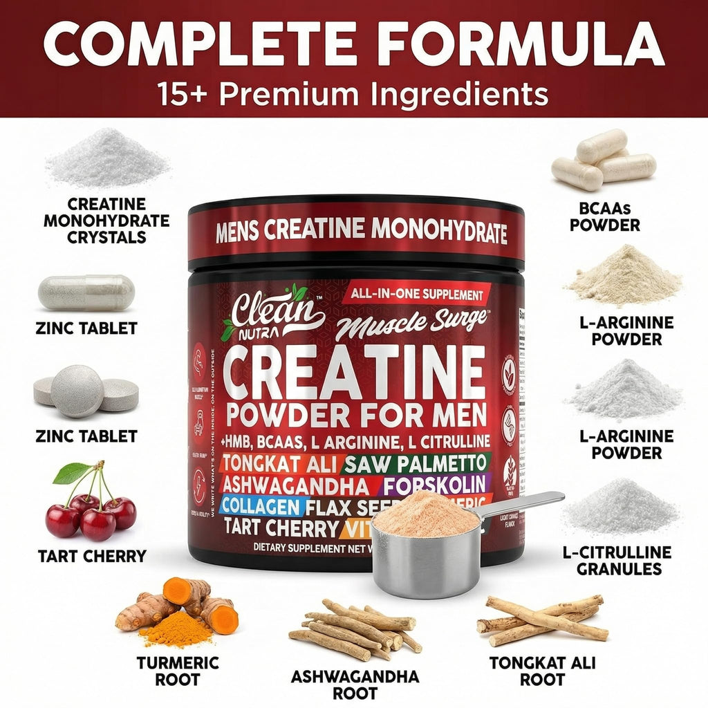 Clean Nutra Creatine Powder for Men + HMB BCAA L Arginine L Citrulline Tongkat Ali Saw Palmetto Ashwagandha Collagen Flax Seed Turmeric Preworkout Stevia Nitric Oxide L Glutamine Amino Acids