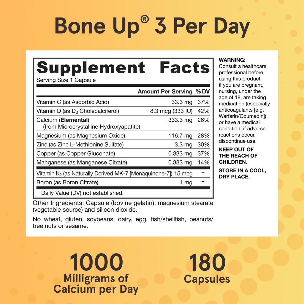 Jarrow BoneUp Three Per Day, Vitamin D3 and Calcium, 180 Capsules | For Bone Density and Skeletal Nutrition, K2 (as MK-7), 60 Day Supply, Take 3 Per Day