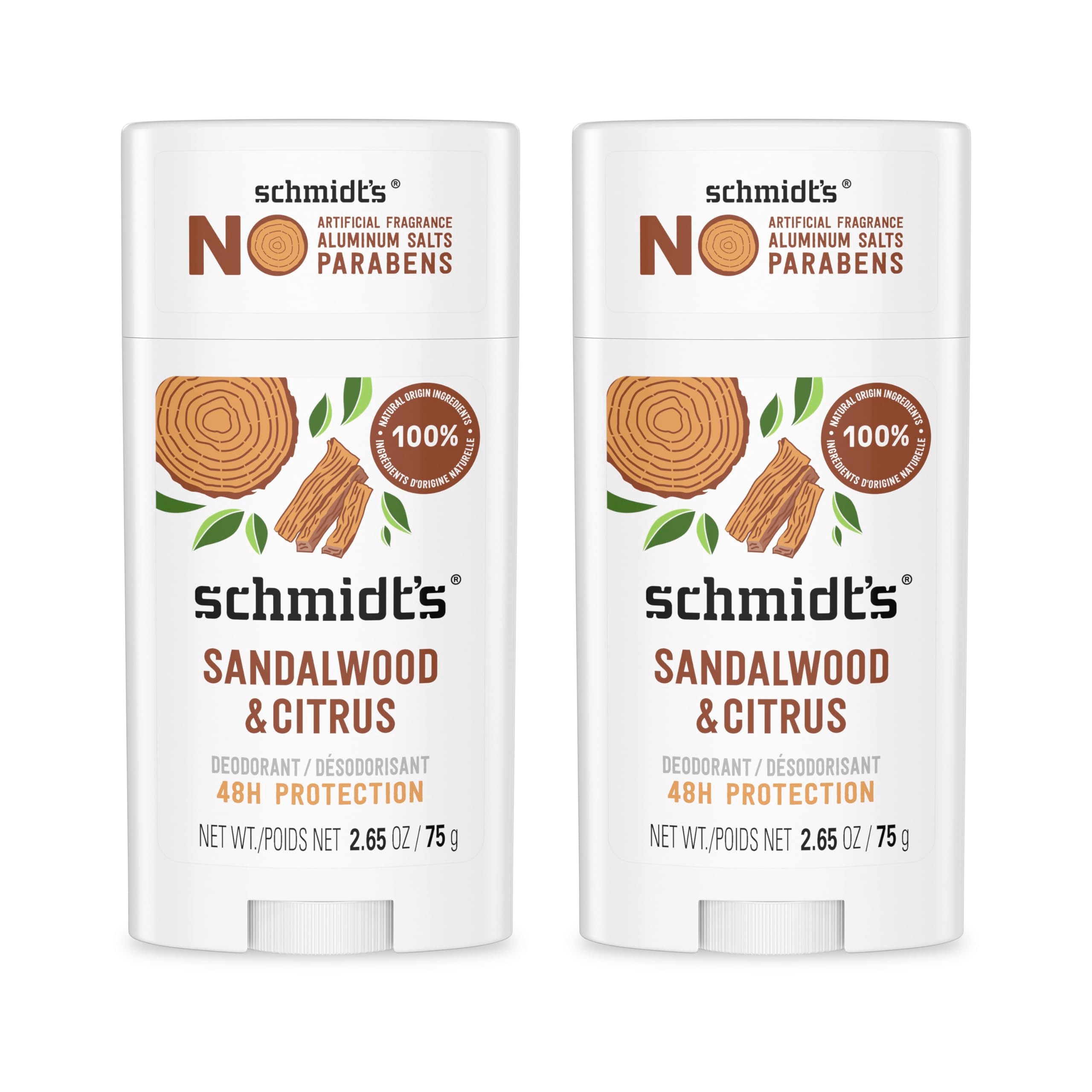 Schmidt's Aluminum Free Natural Deodorant Sandalwood & Citrus 2.65 oz 2 ct | 24 Hour Odor Protection for Women and Men. With Natural Ingredients. Cruelty-Free