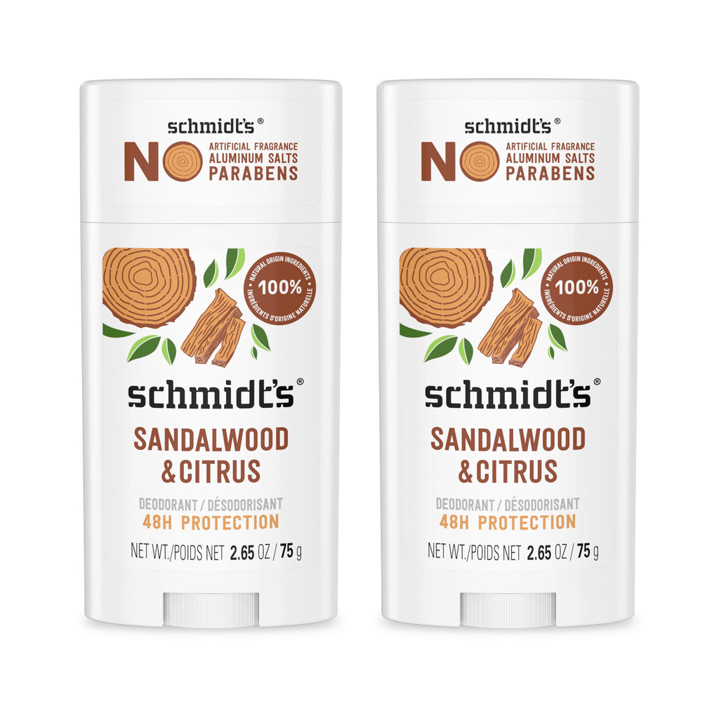Schmidt's Aluminum Free Natural Deodorant Sandalwood & Citrus 2.65 oz 2 ct | 24 Hour Odor Protection for Women and Men. With Natural Ingredients. Cruelty-Free