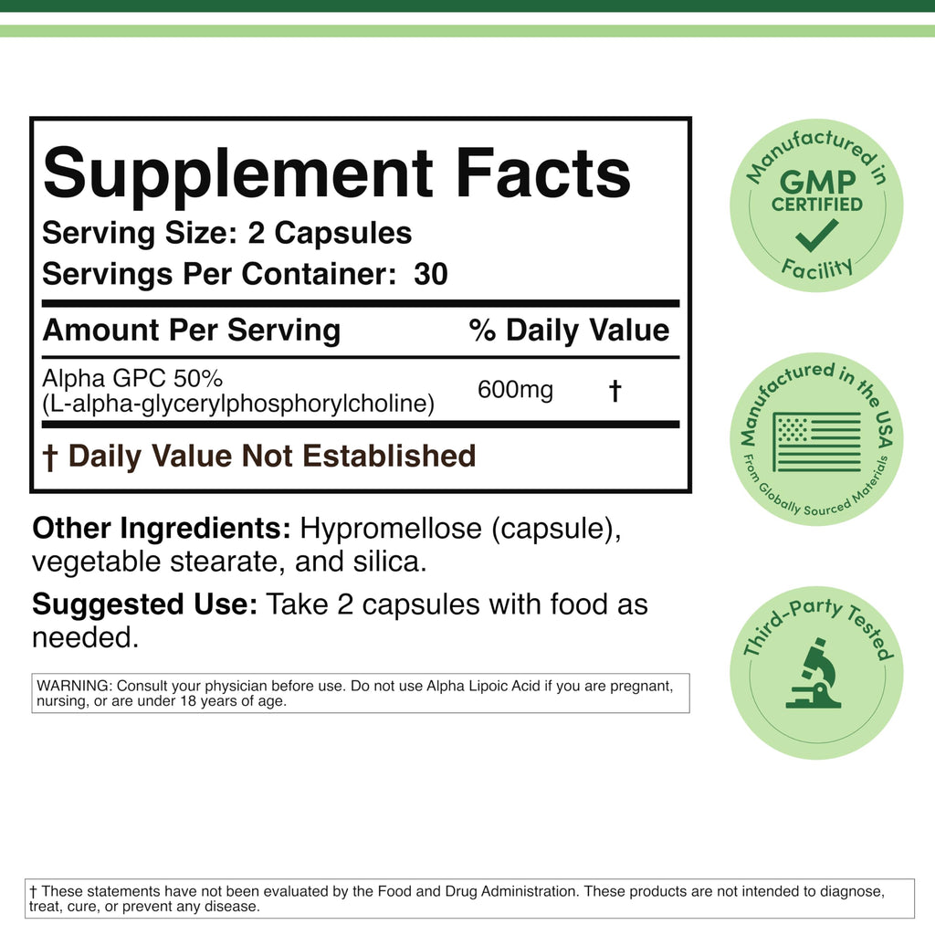 Alpha GPC Choline 600mg, Cognitive Memory + Focus Support, 60 Capsules | Brain, Memory + Focus Supplement, Acetylcholine Precursor, 300mg Active Choline per Capsule, Pre-Workout, Third Party Tested
