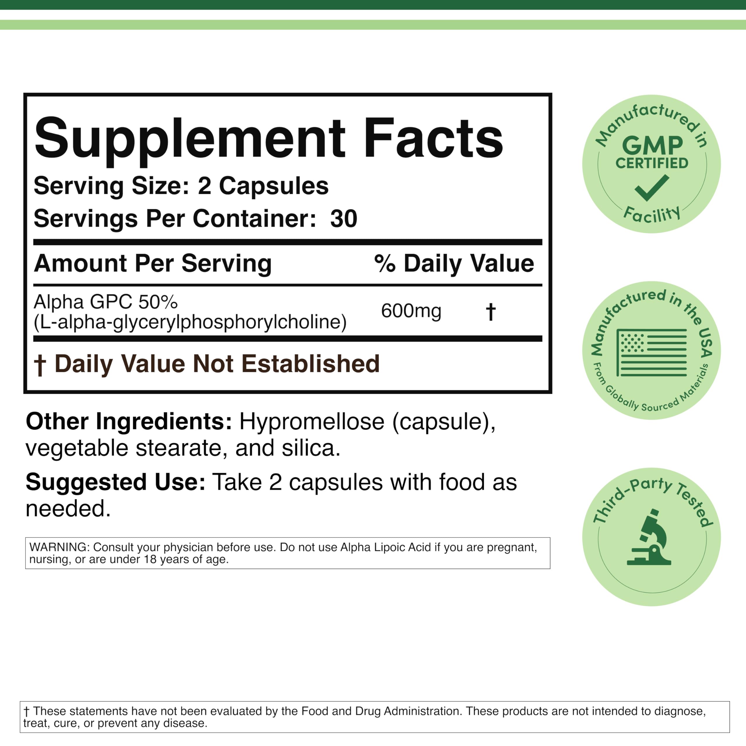 Alpha GPC Choline 600mg, Cognitive Memory + Focus Support, 60 Capsules | Brain, Memory + Focus Supplement, Acetylcholine Precursor, 300mg Active Choline per Capsule, Pre-Workout, Third Party Tested