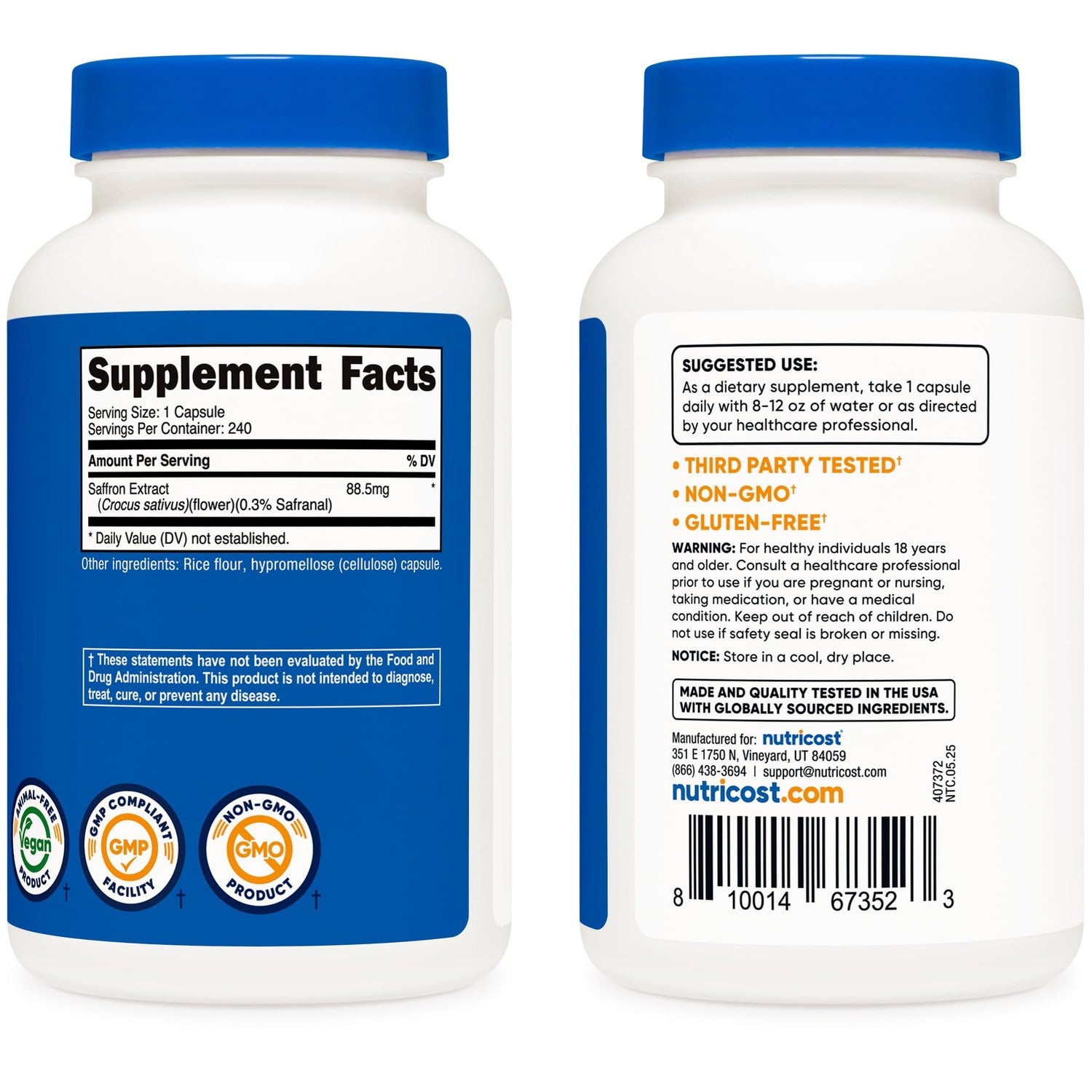 Nutricost Saffron Extract 88.5mg, 240 Capsules - Veggie Caps, Non-GMO, Gluten Free (Pack of 2)