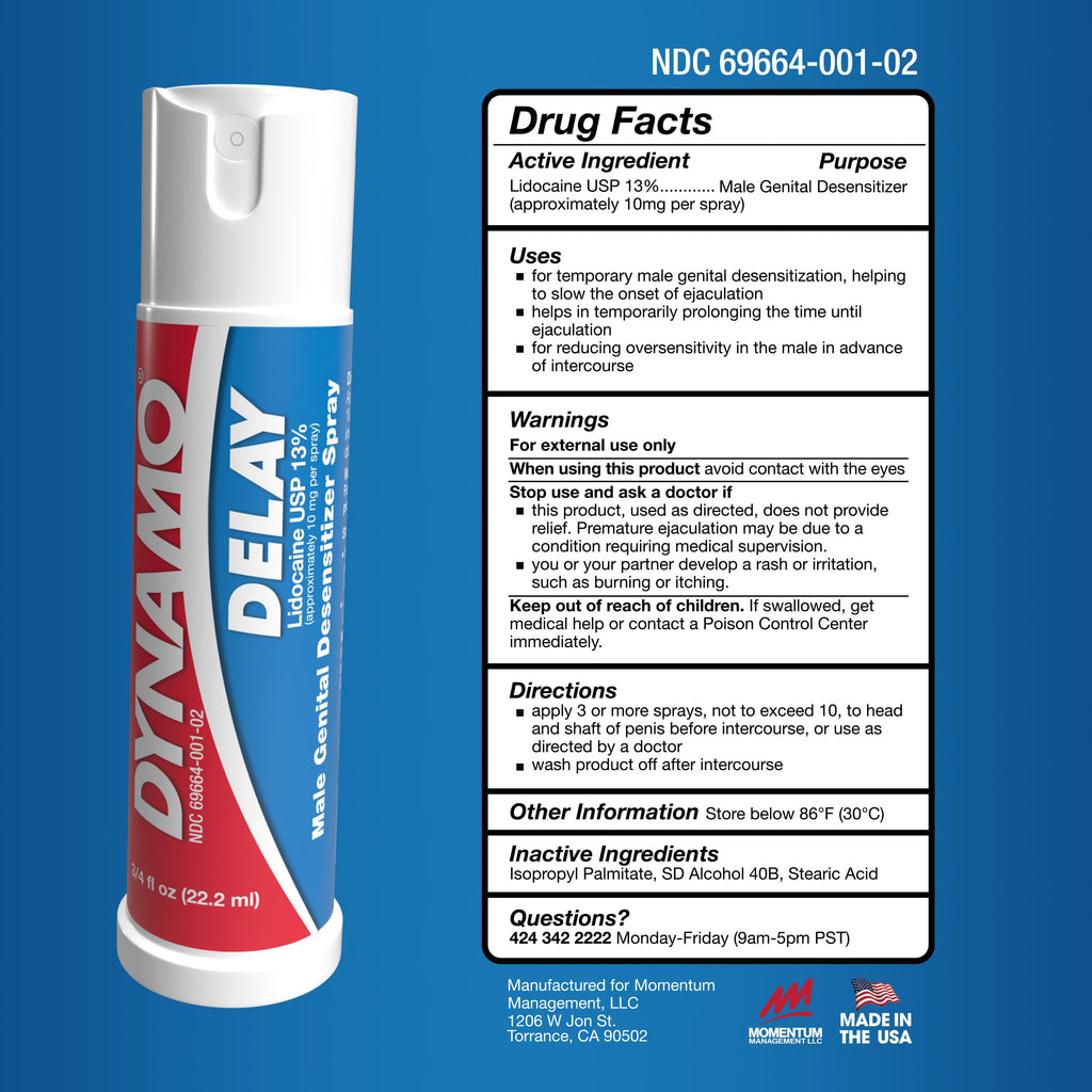 Dynamo Delay Desensitizing Spray for Men to Help You Last Longer in Bed - Reduces Oversensitivity, Prolong Climax for Him, Metered Dose, 0.75 Fl Oz