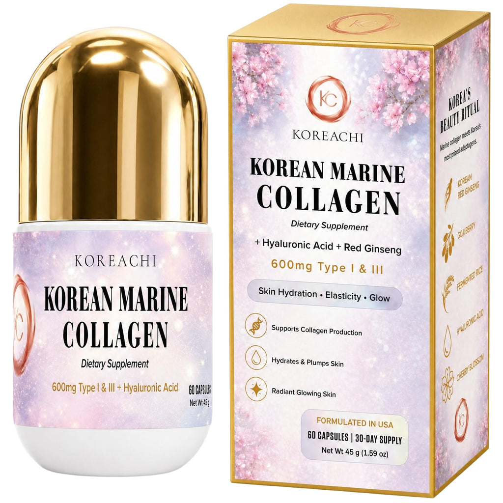 Korean Marine Hydrolyzed Collagen Peptides Capsules, 600mg Type I & III Collagen with Hyaluronic Acid, Vitamin C & Red Ginseng, Collagen Pills for Women, Skin Hydration, Elasticity & Glow - 30 Days