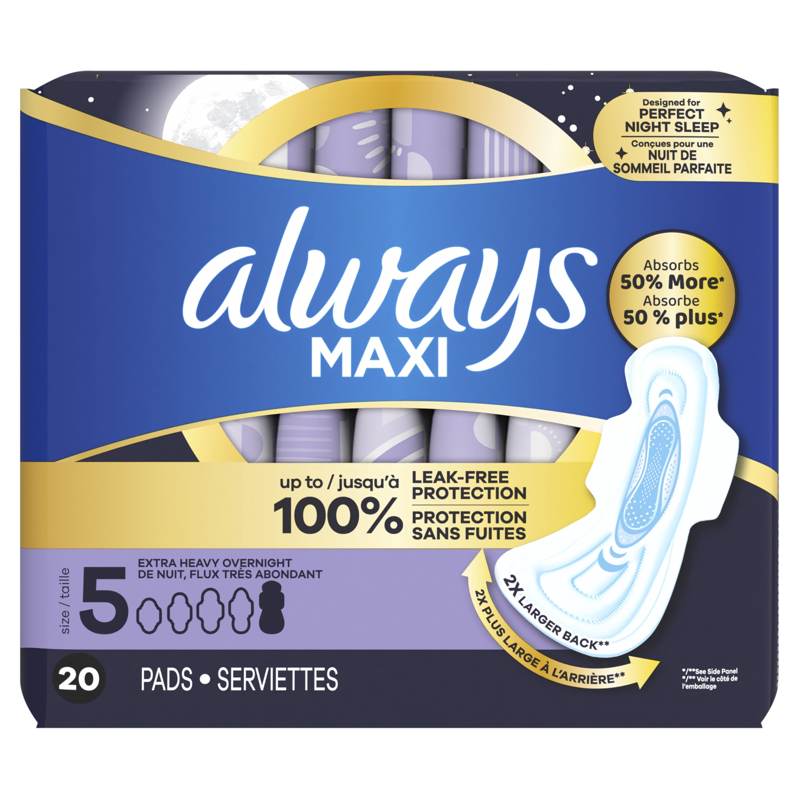 Buy now Always Maxi Feminine Pads For Women, Size 5 Extra Heavy Overnight Absorbency, With Wings, Unscented, Pack Of 20 at indiglob india
