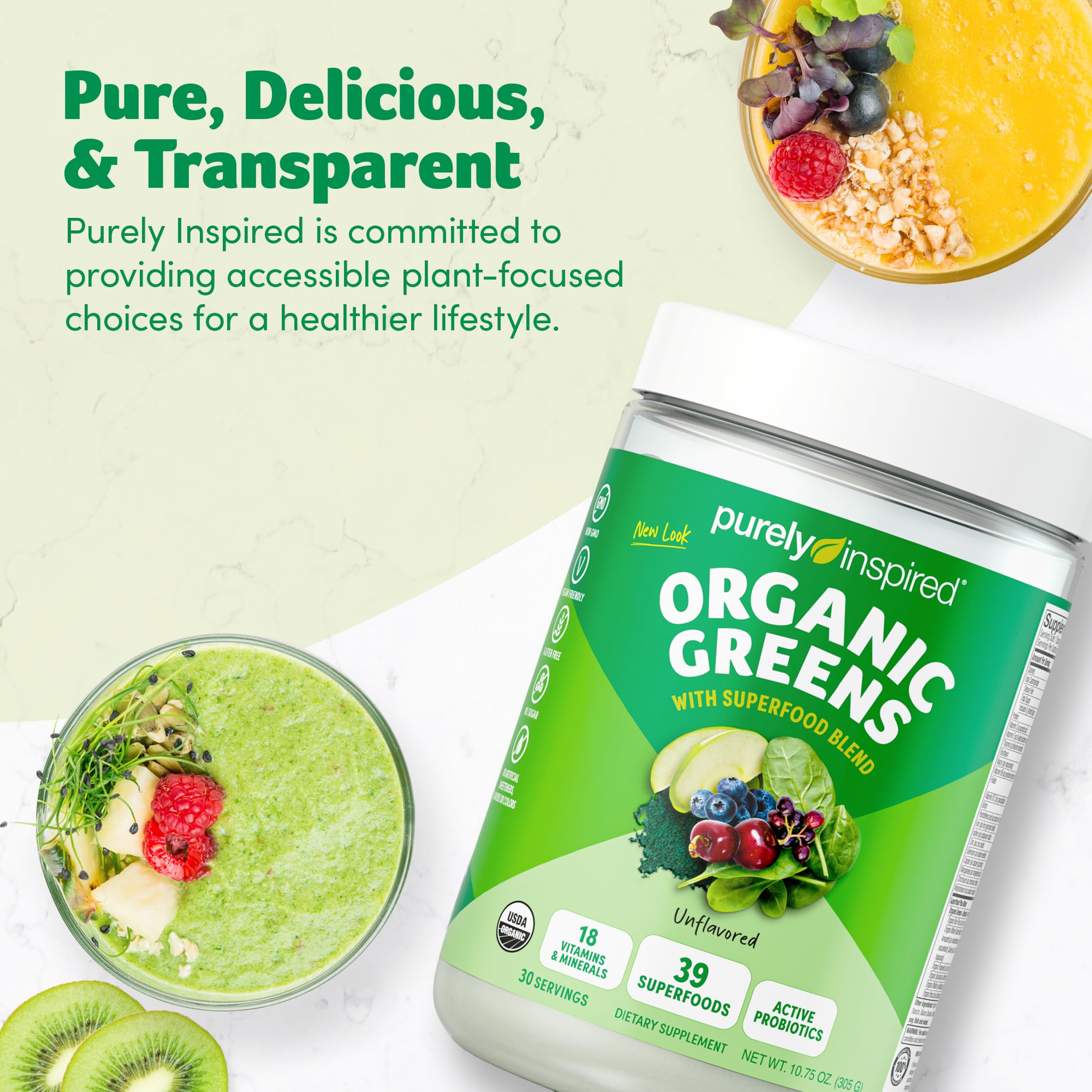 Purely Inspired Organic Green Powder Smoothie Mix, Unflavored (24 Servings) - Probiotics for Digestive Health with Spirulina & Chlorella for Gut Health - Vegan