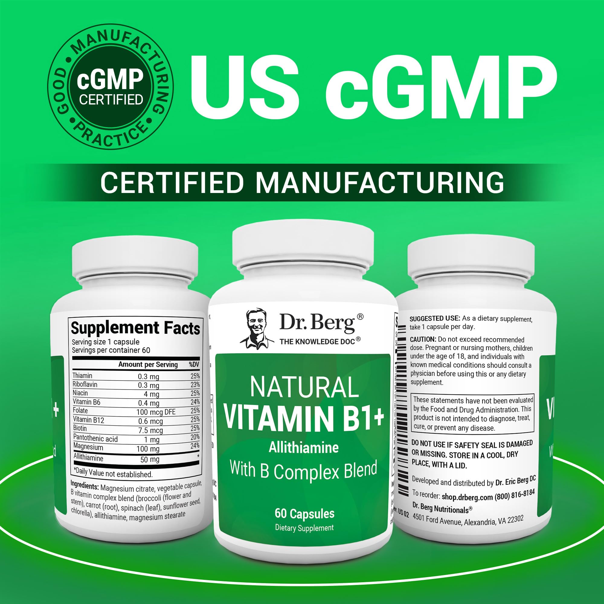 Dr. Berg Natural Vitamin B1 B6 B12 Complex - Allithiamine Vitamin B1 Supplement with 8 Essential Vitamin B Complex for Men & Women Including Thiamin, Niacin, Folate, Magnesium & More - 60 Capsules