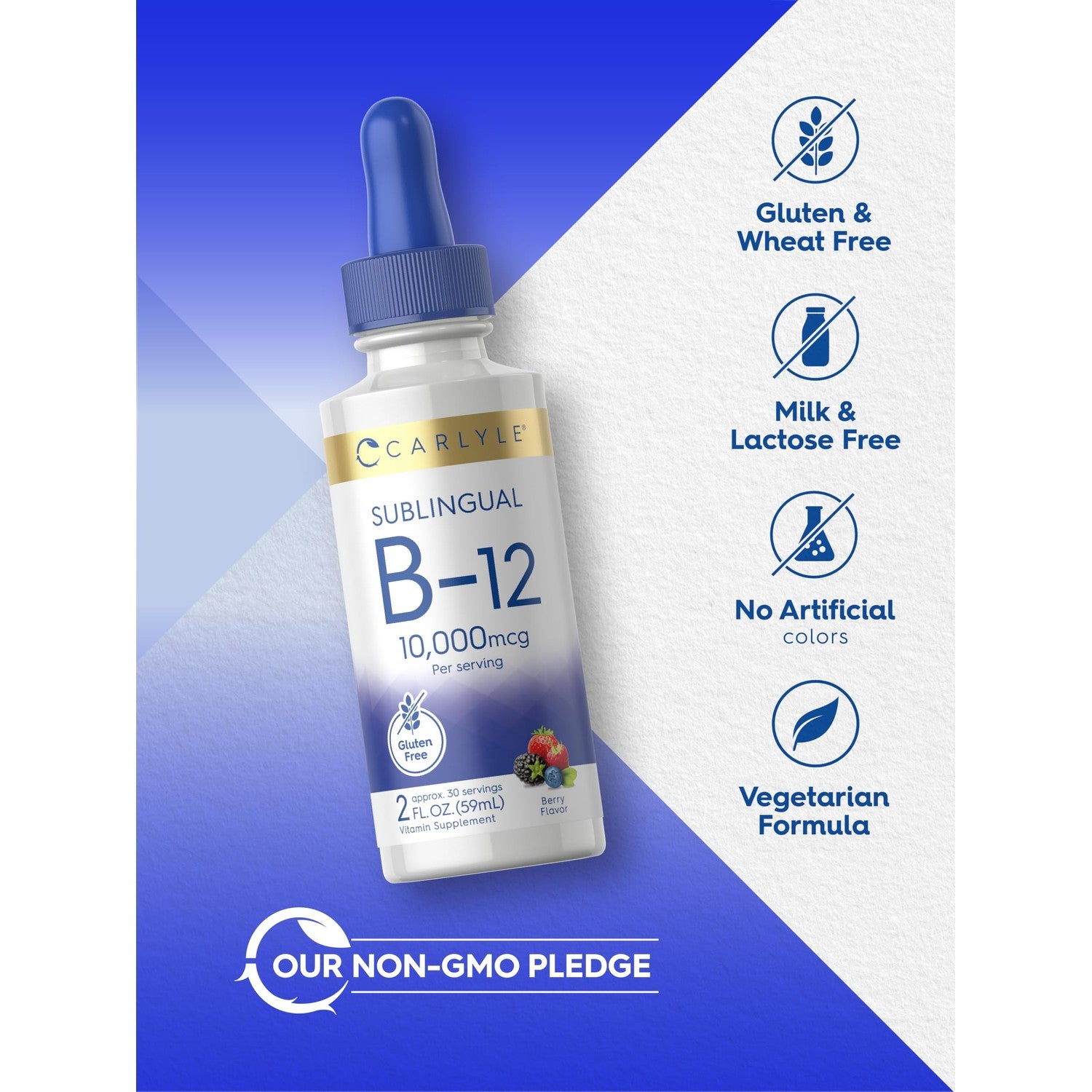 Carlyle Vitamin B12 Sublingual Liquid Drops | 10,000 mcg | 2 fl oz | As Cyanocobalamin and Methylcobalamin | Vegetarian, Non-GMO and Gluten Free