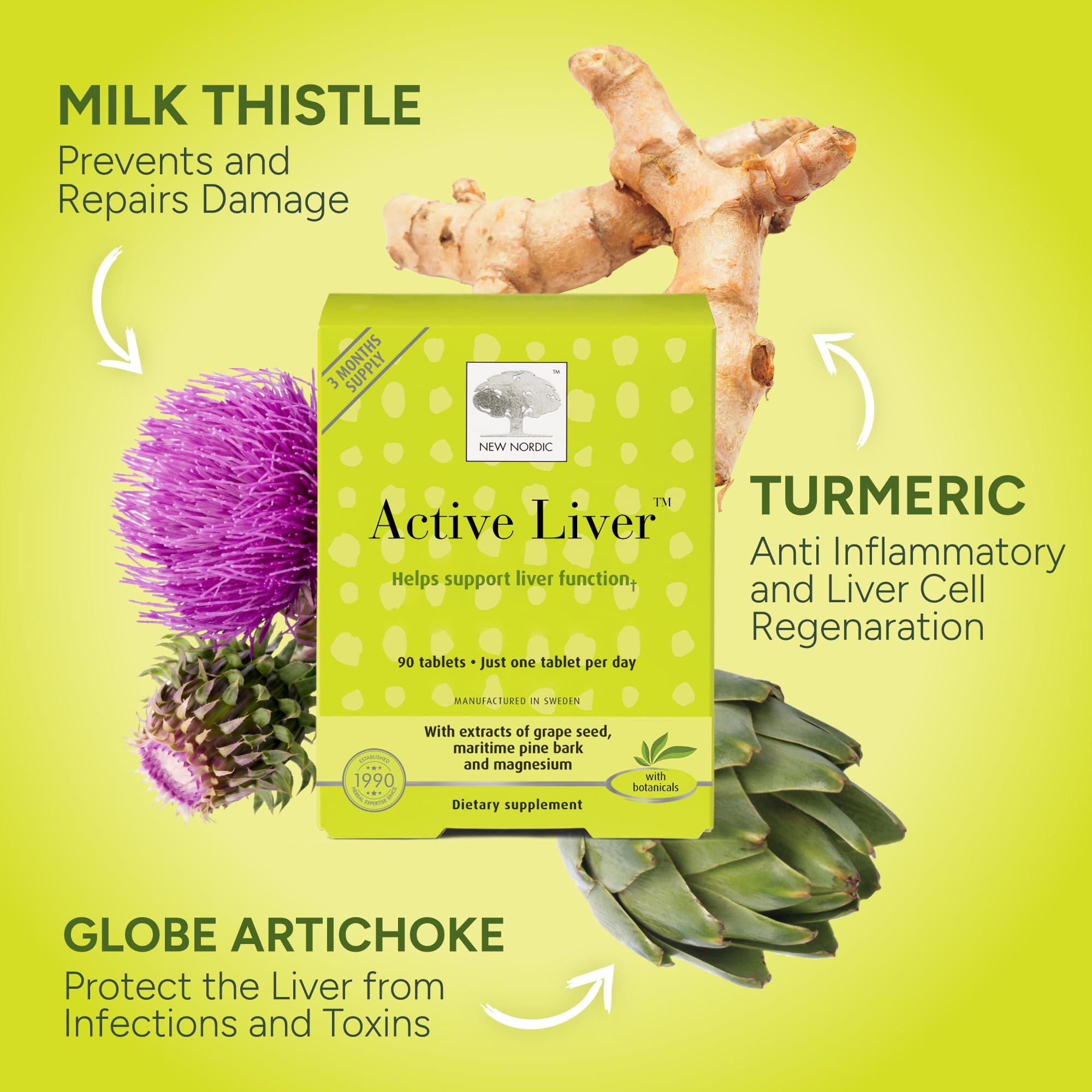 NEW NORDIC Active Liver Daily Support Supplement 90-Day Supply - 90 Tablets | Includes a supply of daily liver supplements, featuring a botanical blend of milk thistle and artichoke in a tablet format