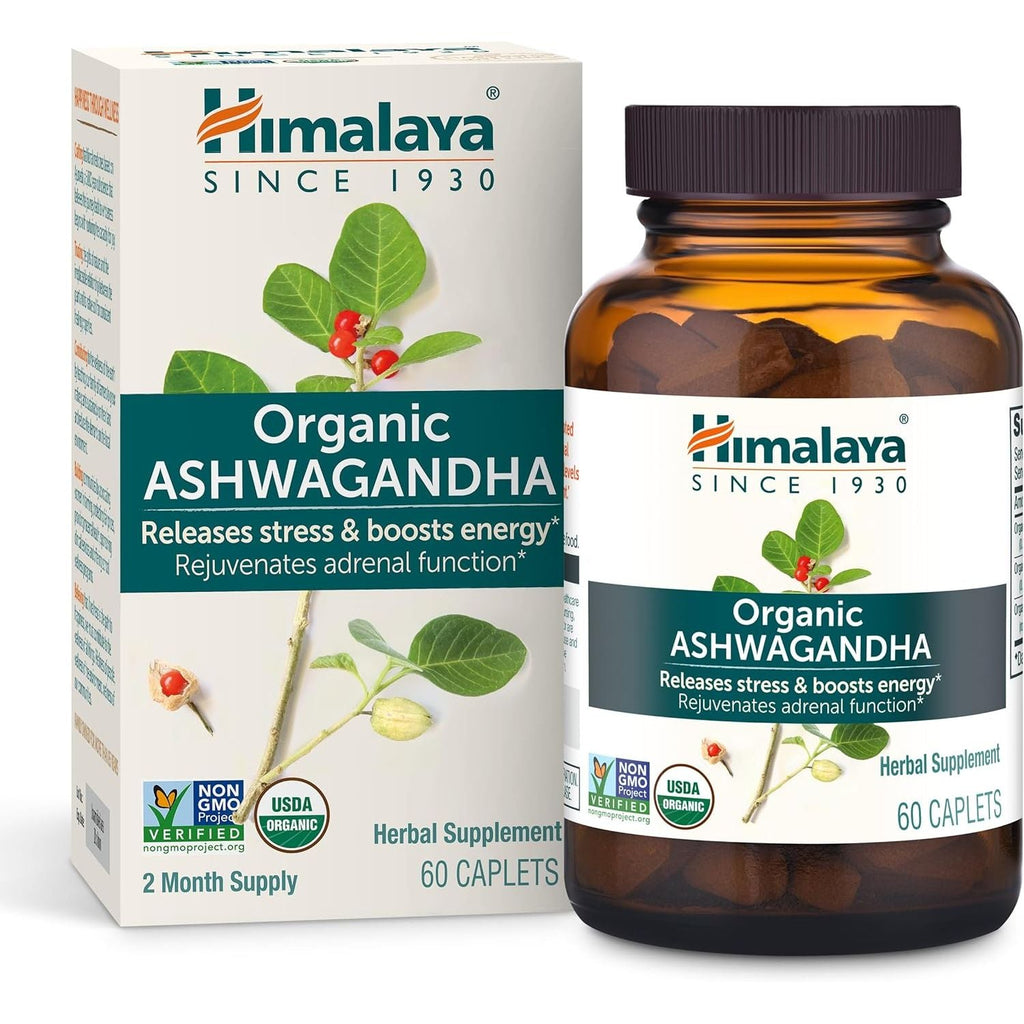 Buy now Himalaya Organic Ashwagandha, 60 Day Supply, Herbal Supplement for Stress Relief, Energy Support, Occasional Sleeplessness, Organic, Non-GMO, Vegan, Gluten Free, 670 mg, 60 Caplets at indiglob india
