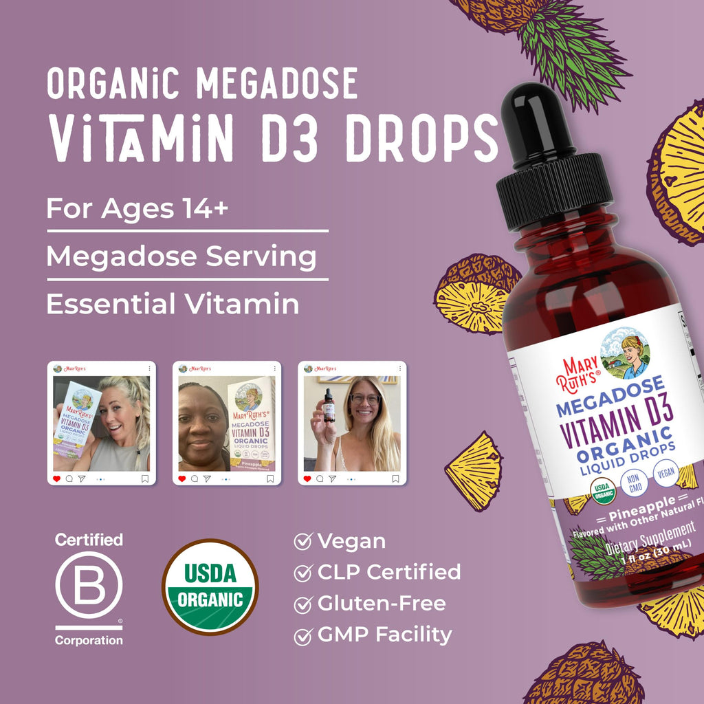 MARYRUTH'S Megadose Vitamin D3 Drops, Vitamin D 4000 IU, Vegan, 30 Servings | USDA Organic, Immune Support & Bone Health, Vegan, Gluten Free, Non-GMO