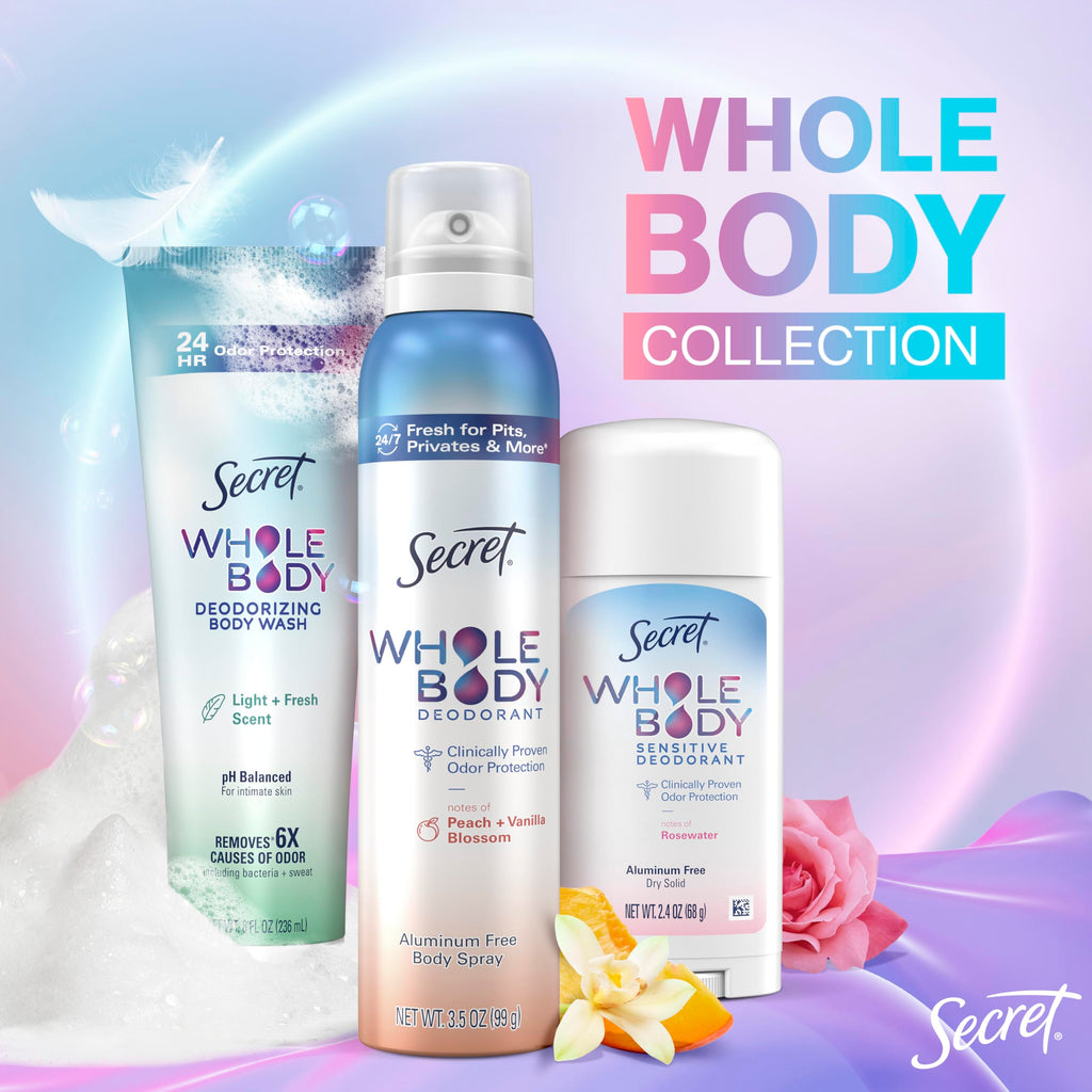 Secret Whole Body Deodorant Stick for Women, Rosewater Scent, Aluminum Free Deodorant Stick, 72 HR Odor Protection, 2.4 oz