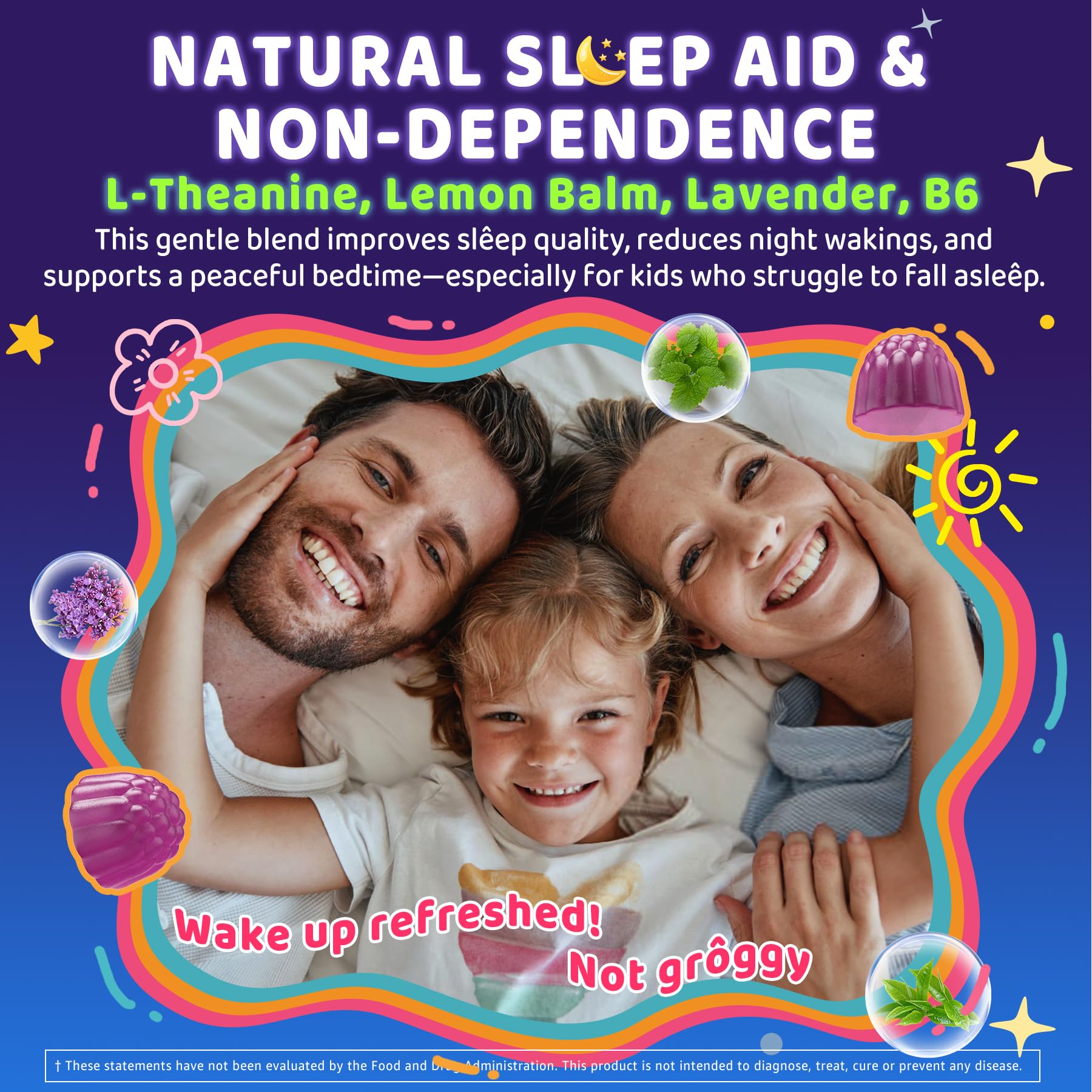 Kids Sleep Gummies, NO Melatonin Sleep Aid Gummies w/ Magnesium Glycinate, Magnesium Malate, L-Theanine, Lavender, B6, Zinc, D3K2 for Restful Sleep, Relax Brain & Muscle, Immune Support, Non-GMO 2Pack