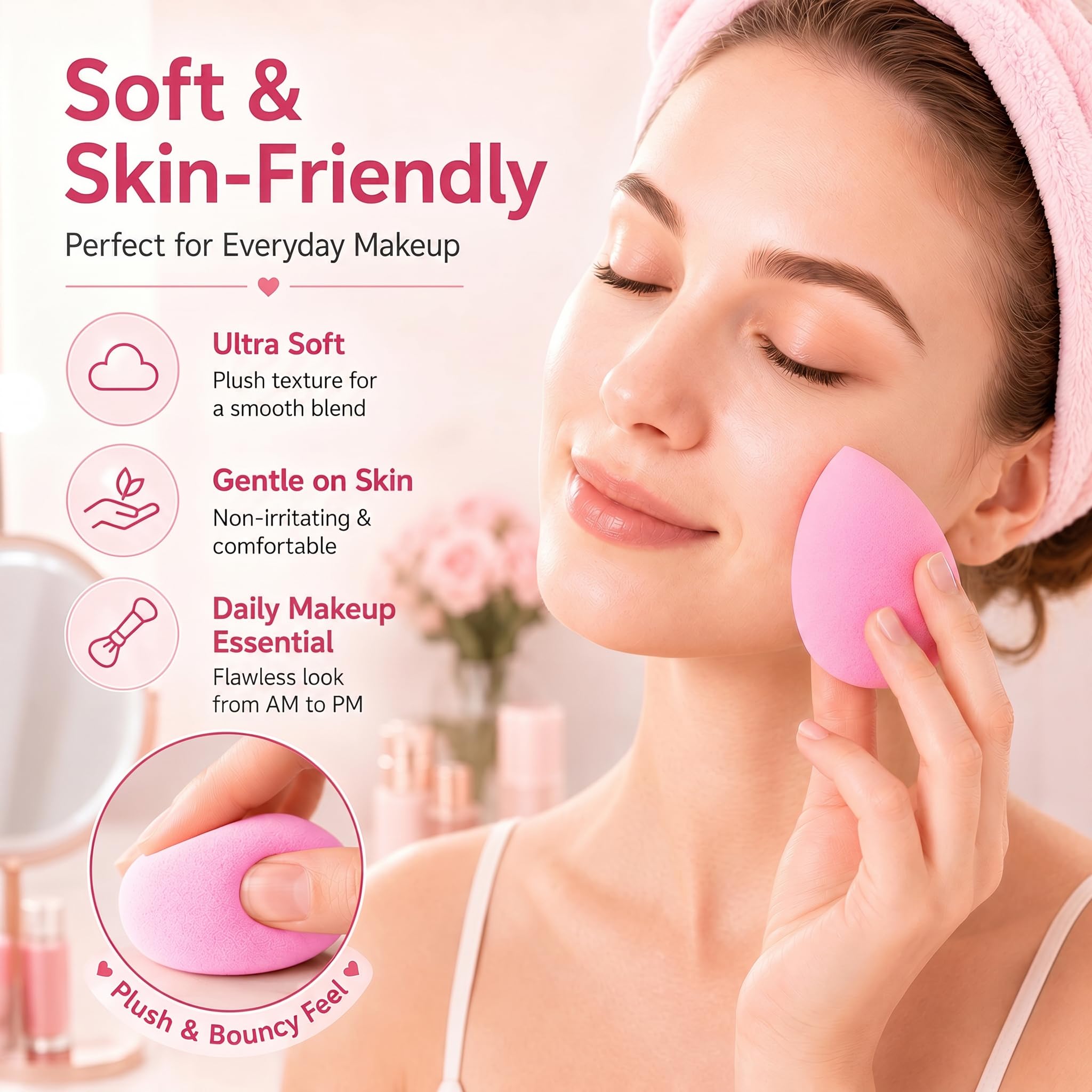 BEAKEY Makeup Sponge Set of 6, Super Soft Beauty Sponges for Foundation | for Liquid, Cream & Powder Application, Pink Blender for Flawless Blending, 0 Latex Vegan & Cruelty-Free, Reusable