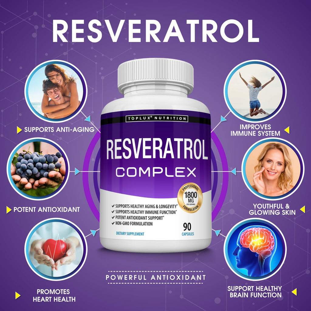 Resveratrol Supplement 1800 mg Antioxidant Complex - Highly Potent Natural Trans-Resveratrol Pills for Healthy Aging, Overall Health Support, Immune System, Brain Function, for Men Women, 90 Capsules
