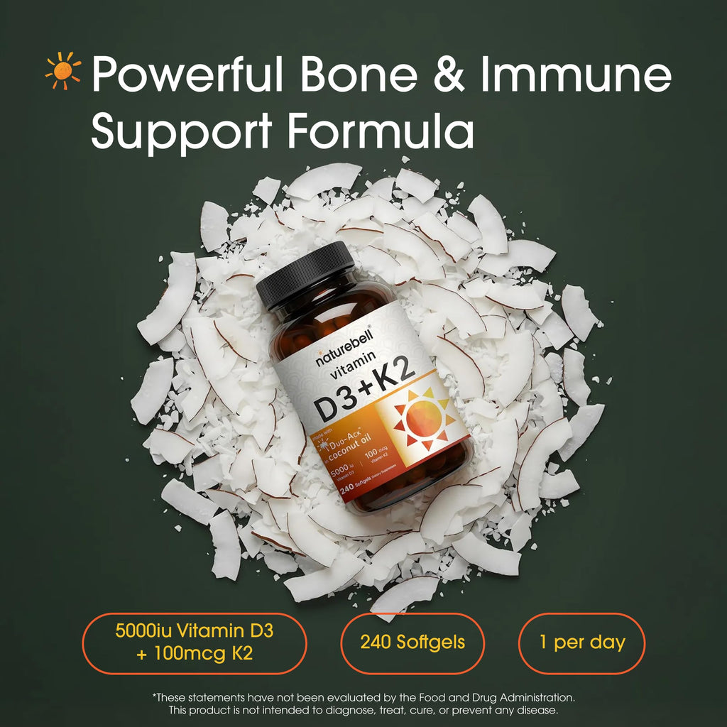 NatureBell Vitamin D3 K2-240 Softgels - 5,000 IU Vitamin D3 & 100mcg Vitamin K2 MK-7 with Coconut Oil - Bone, Heart & Immune Health Support* - 3rd Party Tested - 8-Month Supply