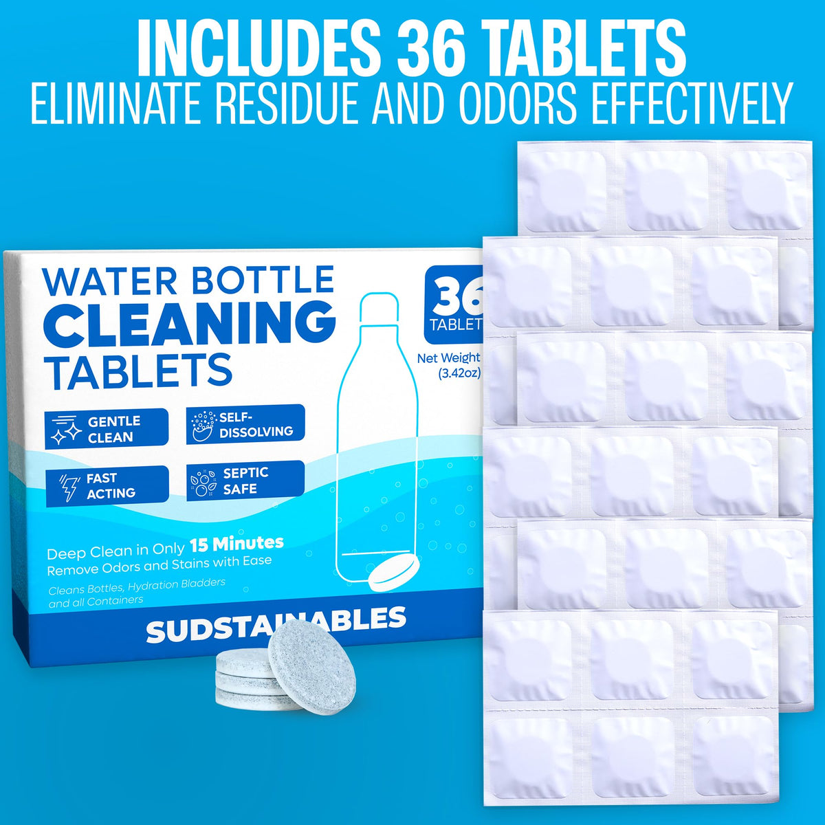 Sudstainables Water Bottle Cleaner Tablets, 36 Count
