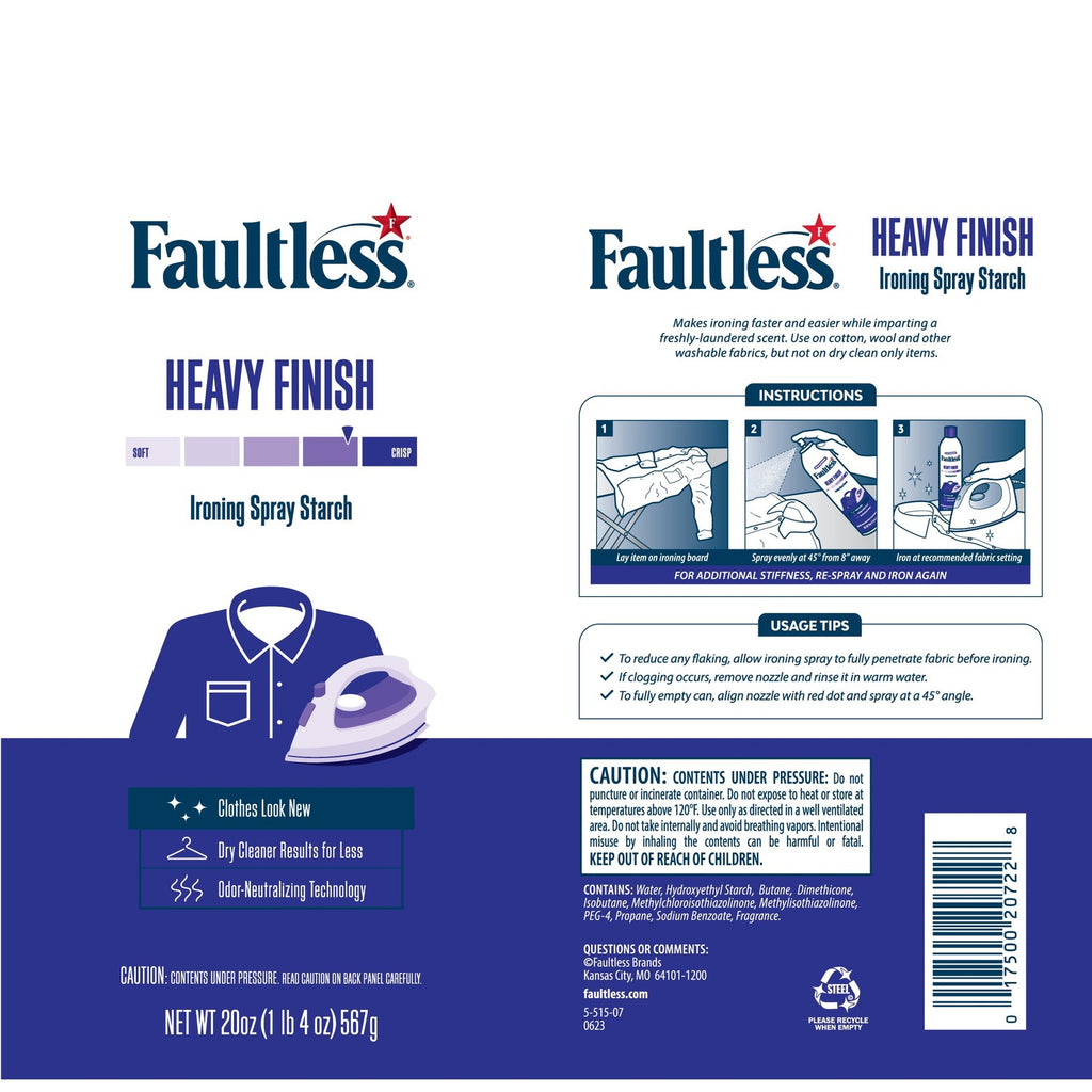 Laundry Starch Spray, Faultless Heavy Spray Starch 20 oz Cans for a Smooth Iron Glide on Clothes & Fabric Even Spray, Easy Iron Glide, No Reside (Pack of 4)