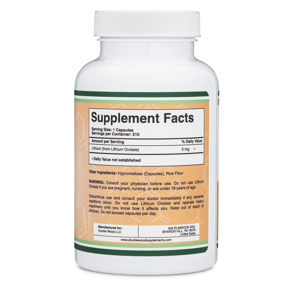 Lithium Orotate 5mg Elemental, Mood + Calm Support, 210 Capsules | Mood + Calm Supplement, 5mg Elemental Lithium, Single-Ingredient (No Blends), Emotional Wellness + Clarity, Vegan