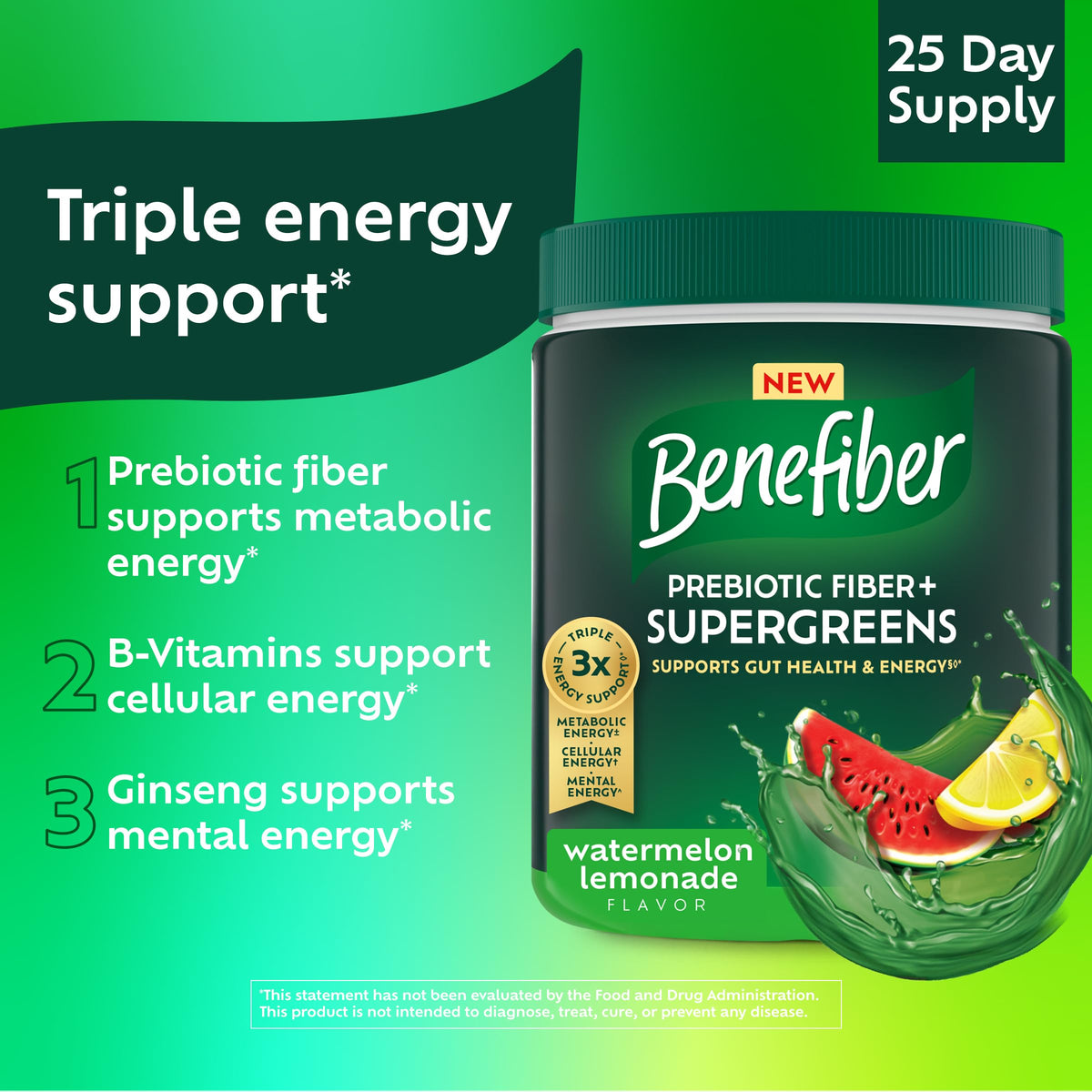 Benefiber Prebiotic Fiber + Supergreens, Watermelon Lemonade Flavor, 8.8 oz