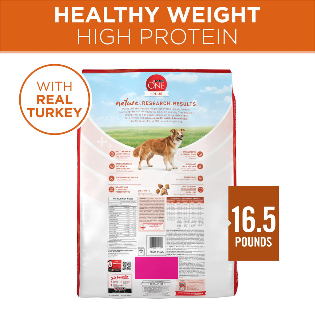 Purina ONE Plus Healthy Weight Dry Dog Food, Real Turkey, 16.5 lb Bag