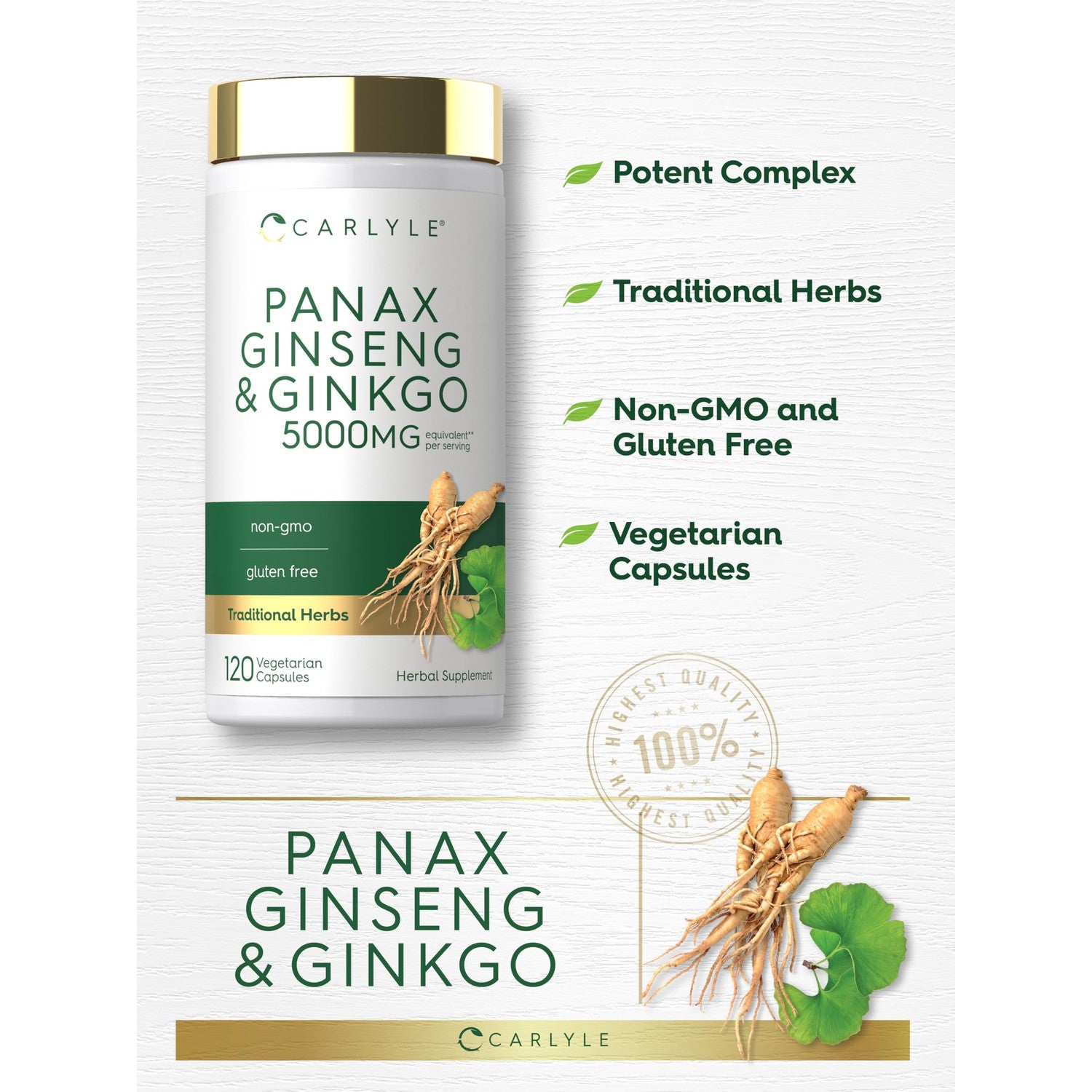 Carlyle Panax Ginseng & Ginkgo | 120 Vegetarian Capsules | Non-GMO & Gluten Free Supplement