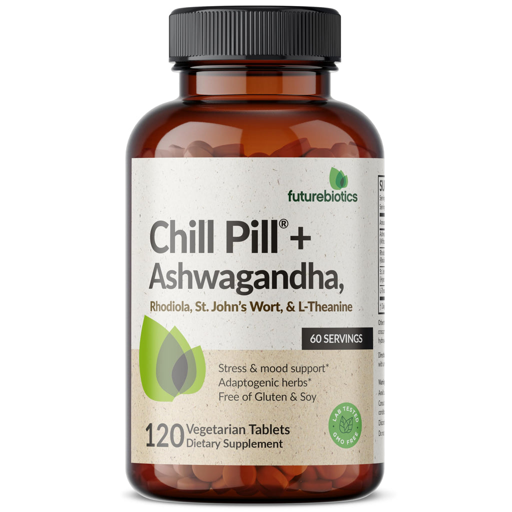Futurebiotics Chill Pill + Ashwagandha, Stress & Mood Support, 120 Tablets | Advanced Calming Formula: Ashwagandha, Rhodiola, St. John's Wort & L-Theanine, Vegan, Non-GMO, Gluten-Free & Soy-Free