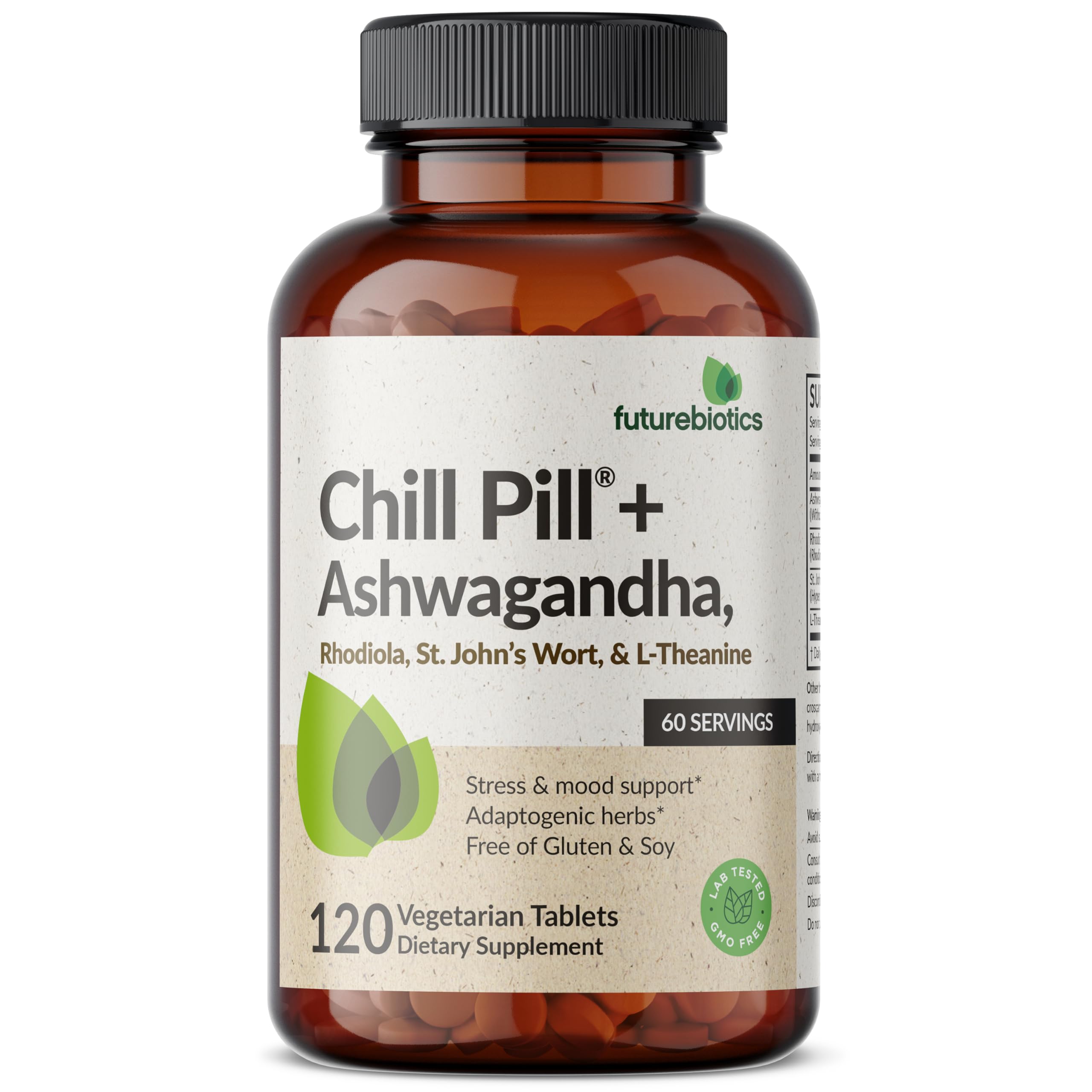 Futurebiotics Chill Pill + Ashwagandha, Stress & Mood Support, 120 Tablets | Advanced Calming Formula: Ashwagandha, Rhodiola, St. John's Wort & L-Theanine, Vegan, Non-GMO, Gluten-Free & Soy-Free