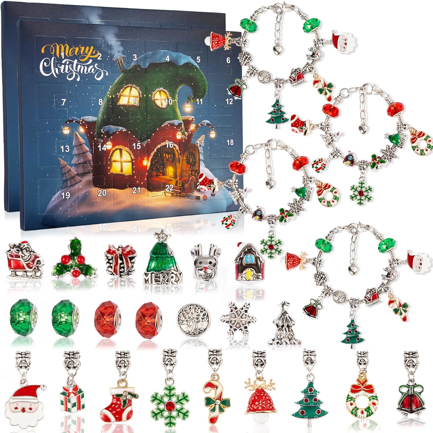 Buy now Christmas Advent Calendar Bracelets 2025 for Girls 24 Days Xmas Countdown Calendar DIY Jewelry Making Kit Gift 22 Charm Beads 2 Bracelets for Kids Teens Women 2pcs Christmas Bracelets at indiglob india