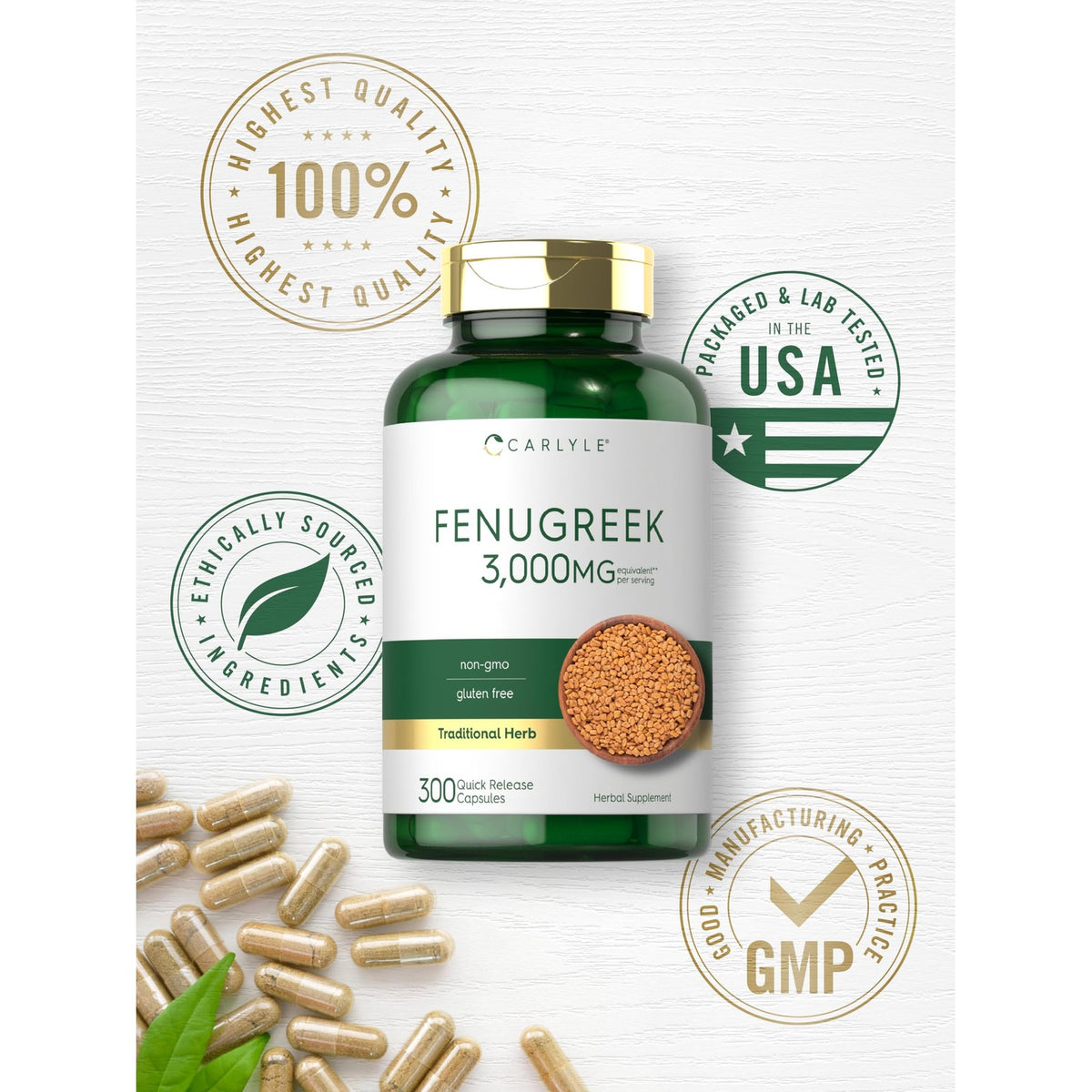 Carlyle Fenugreek Capsules | 300 Count | Non-GMO & Gluten Free Extract