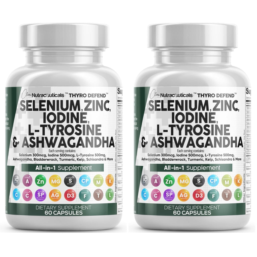 Clean Nutra Selenium 300mcg Iodine 500mcg Thyroid Support for Women & Men | L Tyrosine 500mg Ashwagandha Supplement Bladderwrack, Turmeric, Kelp, Schisandra Zinc Pills Capsule Supplements
