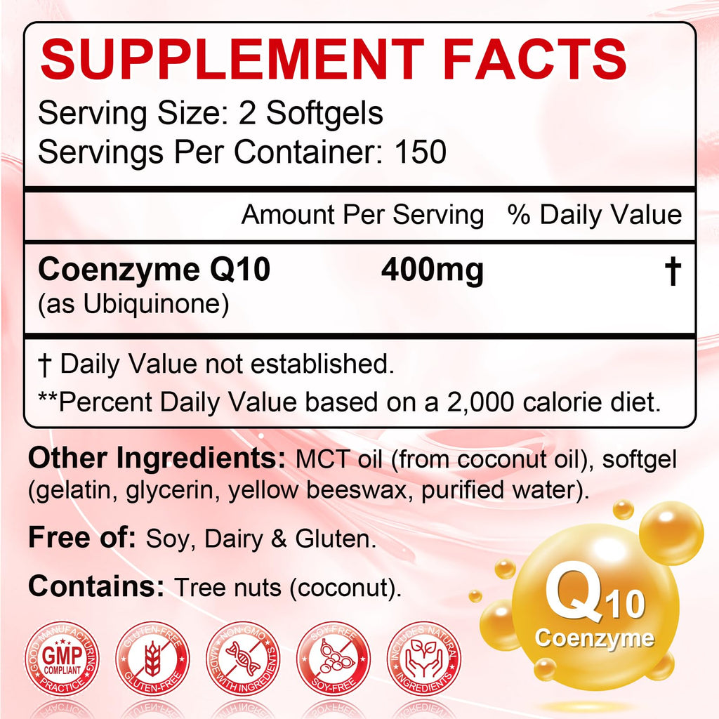 CoQ10 400mg Per Serving, 300 Softgels Extra Strength with MCT Oil | Coenzyme Q10 as Ubiquinone, Antioxidant Support for Heart & Energy Health, Non-GMO,Gluten & Soy-Free,150-Day Supply