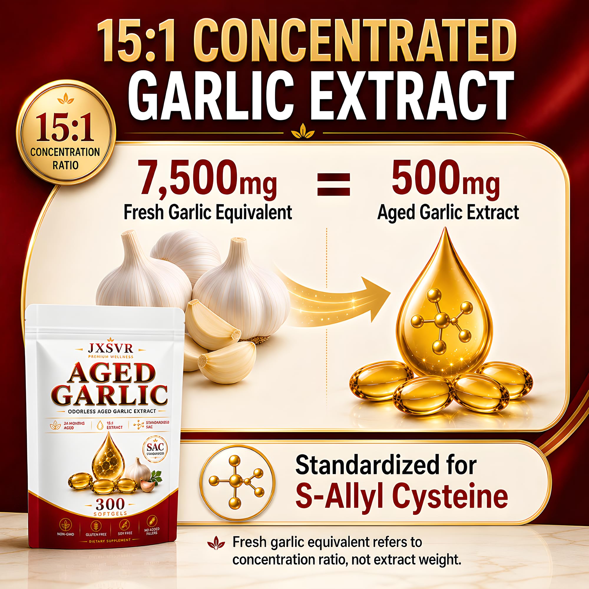 Pure Aged Garlic Extract Softgels, Odorless Garlic Supplement, 24-Month Naturally Aged with Standardized SAC, Heart Health, Immune & Antioxidant Support, 300 Count (2)