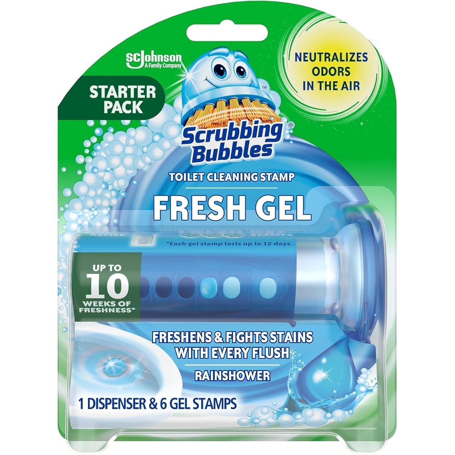 Buy now Scrubbing Bubbles Fresh Gel Toilet Bowl Cleaning Stamps, Helps Keep Toilet Clean and Helps Prevent Limescale & Rings, Rainshower Scent, 1 Dispenser with 6 Fresh Gel Stamps at indiglob india