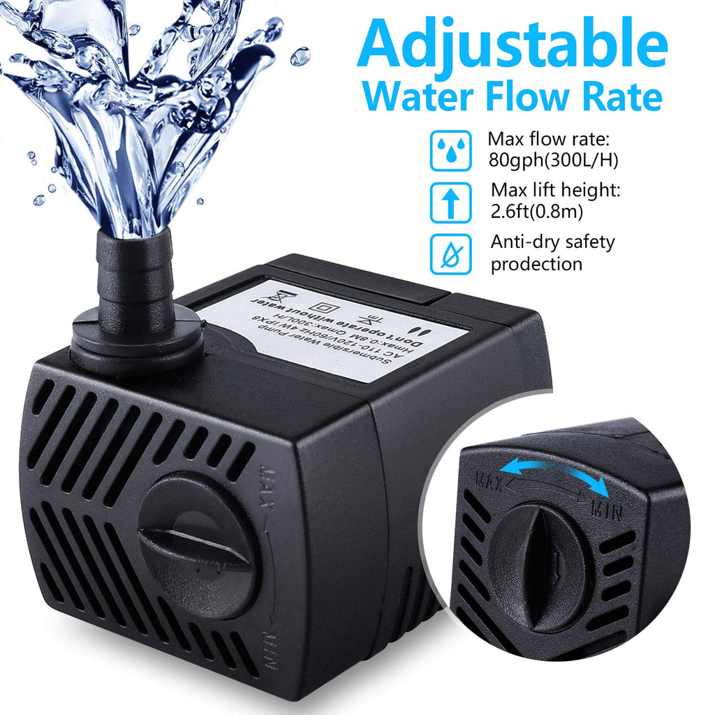 CWKJ Fountain Pump, 80GPH(4W 300L/H) Submersible Water Pump, Durable Outdoor Fountain Water Pump with 4.9ft Tubing (ID x 1/3-Inch), 3 Nozzles for Aquarium, Pond, Fish Tank, Water Pump Hydroponics