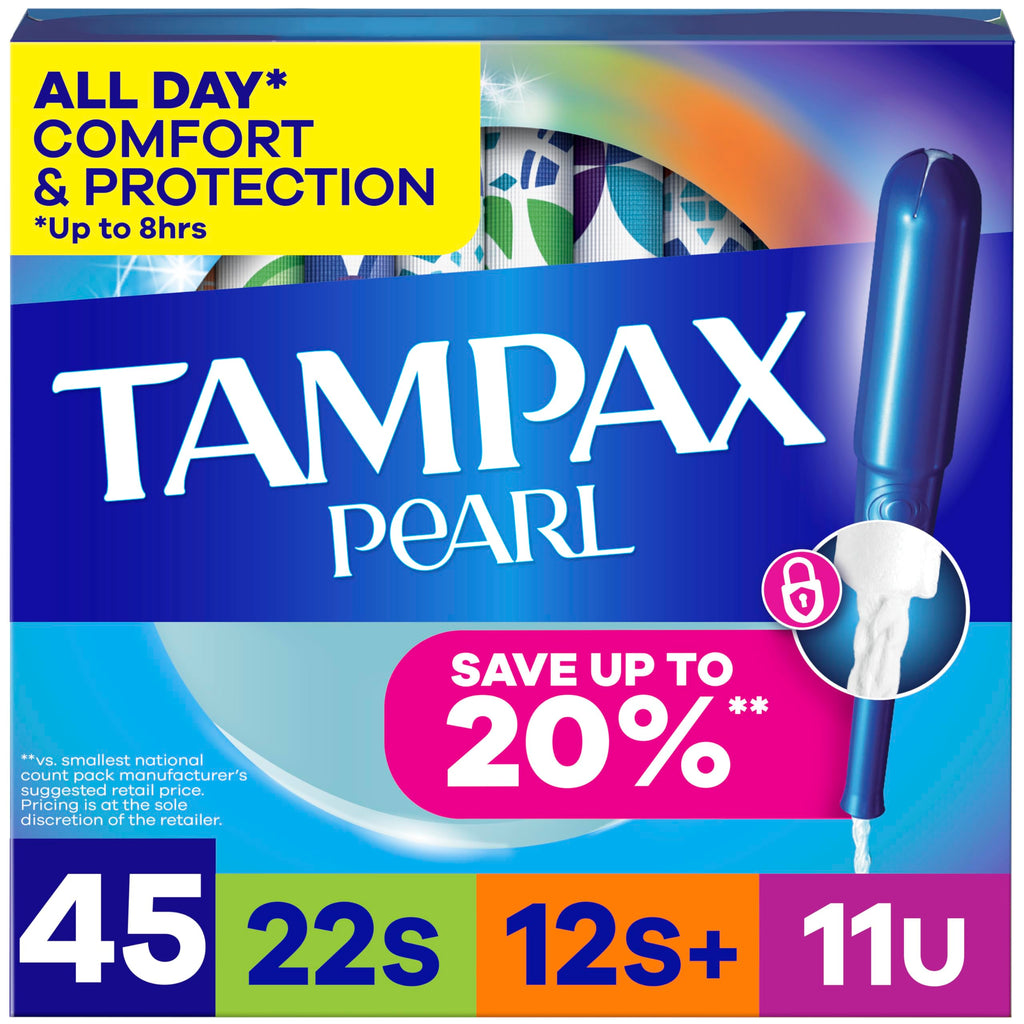Tampax Pearl Tampons Multipack, with LeakGuard Braid, Super/Super Plus/Ultra Absorbency, Up to 100% Leak and Odor Free Protection, Unscented, 45 Count