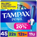 Tampax Pearl Tampons Multipack, with LeakGuard Braid, Super/Super Plus/Ultra Absorbency, Up to 100% Leak and Odor Free Protection, Unscented, 45 Count