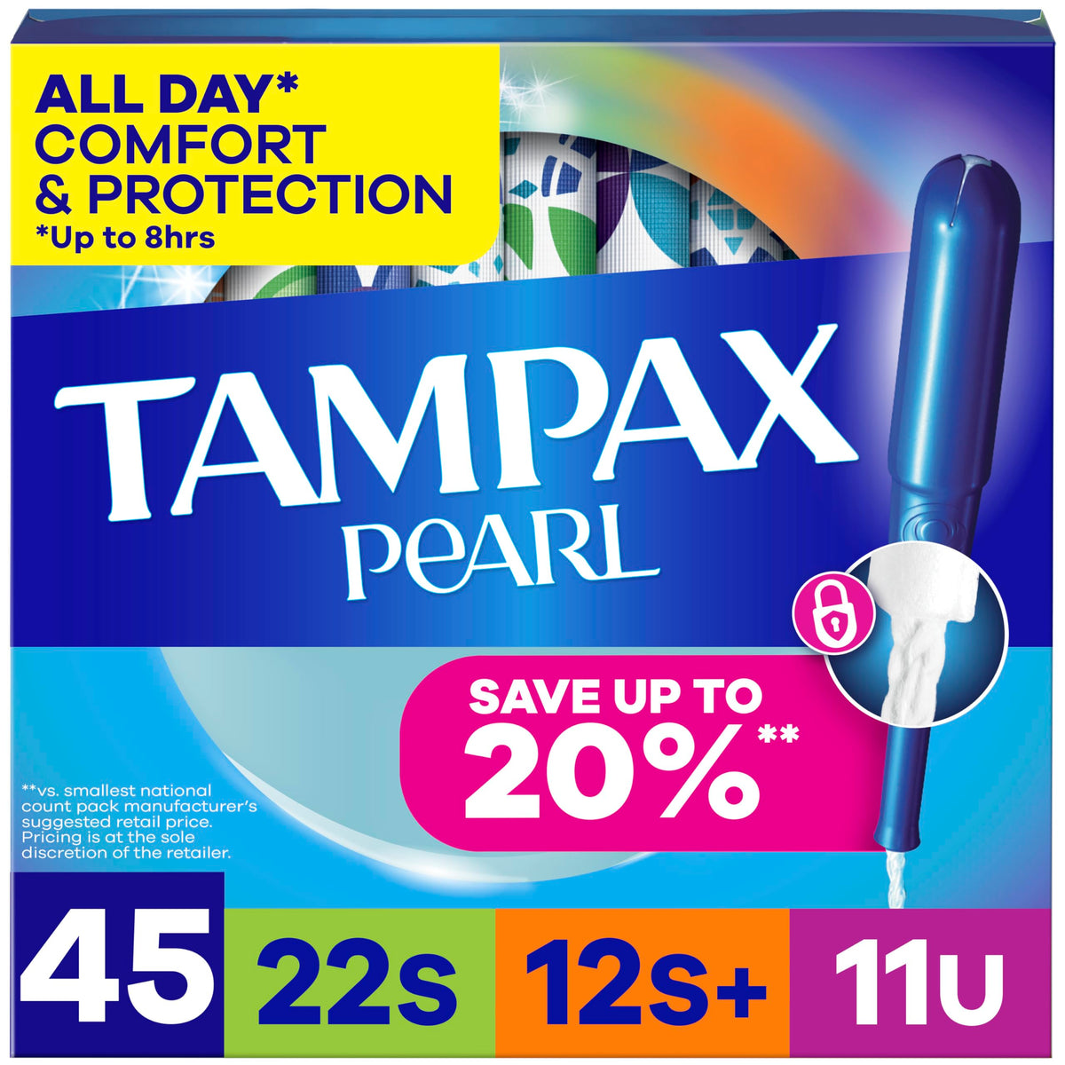 Tampax Pearl Tampons Multipack, with LeakGuard Braid, Super/Super Plus/Ultra Absorbency, Up to 100% Leak and Odor Free Protection, Unscented, 45 Count