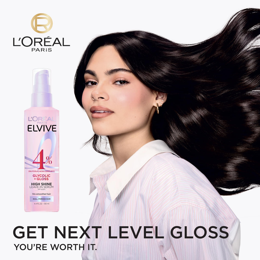 L'Oreal Paris Elvive Glycolic + Gloss High Shine Leave-In Hair Serum, Smooths Dull, Porous Hair Into High-Shine, Glossy Hair, 4.4 Fl Oz