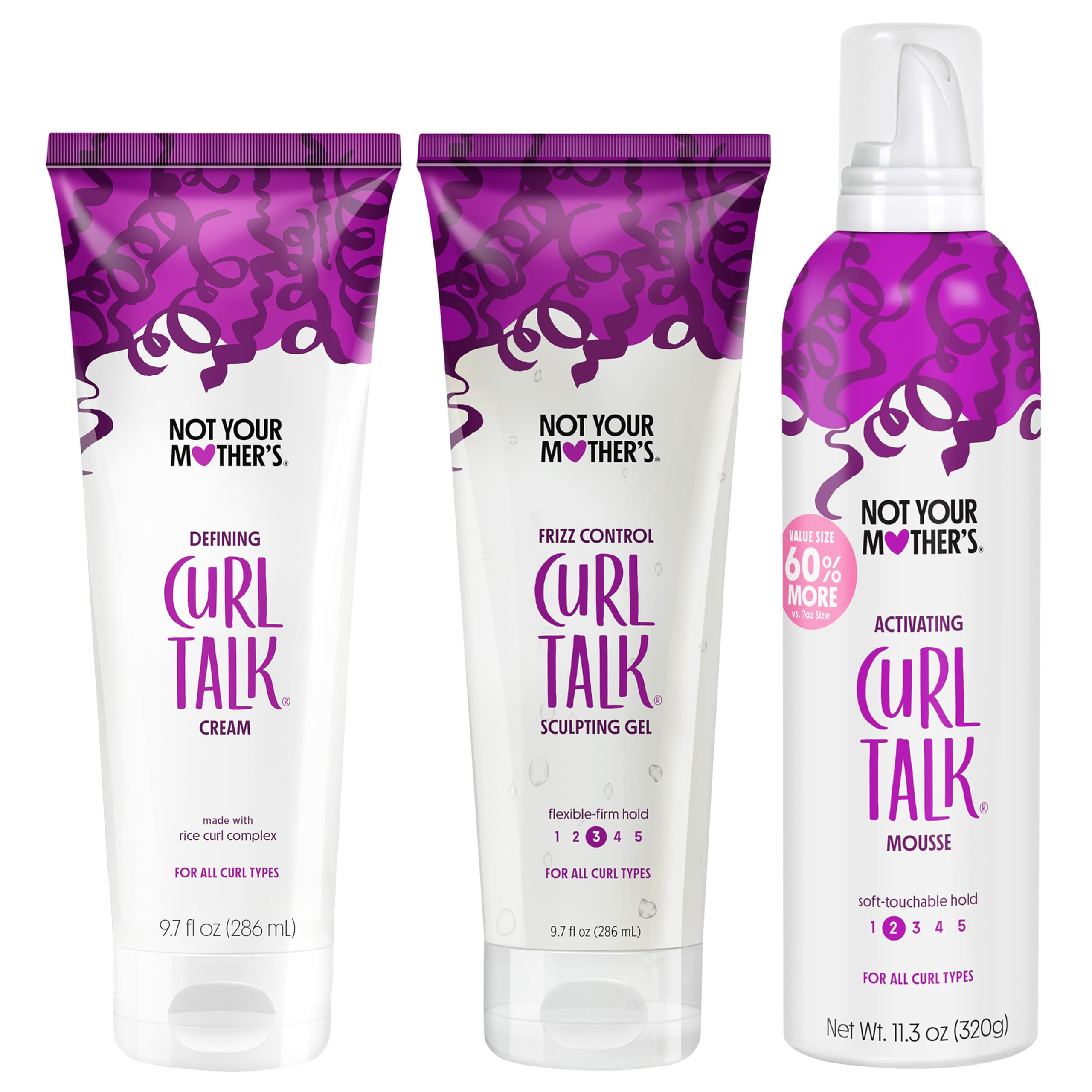 Not Your Mother's Curl Talk Kit, 9.7 fl.oz Defining Cream, 9.7 fl.oz Frizz Control Styling Gel & 7 oz Activating Mousse | Defining Cream, Frizz Control Gel, & Activating Mousse - 9.7 oz Each - Maximize Definition & Control Frizz - Citrus Jasmine