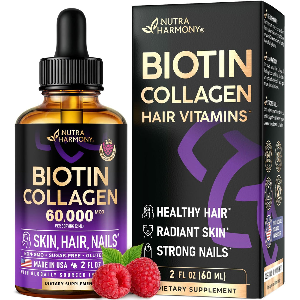 Liquid Biotin & Collagen 60,000mcg - Biotin for Hair Growth Support - 2 Oz | Liquid Collagen Supplement & Biotin - Extra Strength Drops for Women & Men - Strong Nails & Healthy Skin - Raspberry Flavor
