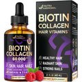 Liquid Biotin & Collagen 60,000mcg - Biotin for Hair Growth Support - 2 Oz | Liquid Collagen Supplement & Biotin - Extra Strength Drops for Women & Men - Strong Nails & Healthy Skin - Raspberry Flavor
