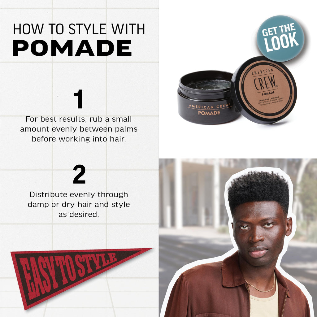 American Crew POMADE FOR HOLD AND SHINE 3 OZ for Men | Water-based pomade for sleek, slicked-back looks. Flexible alternative to styling gel. Medium hold, high shine.